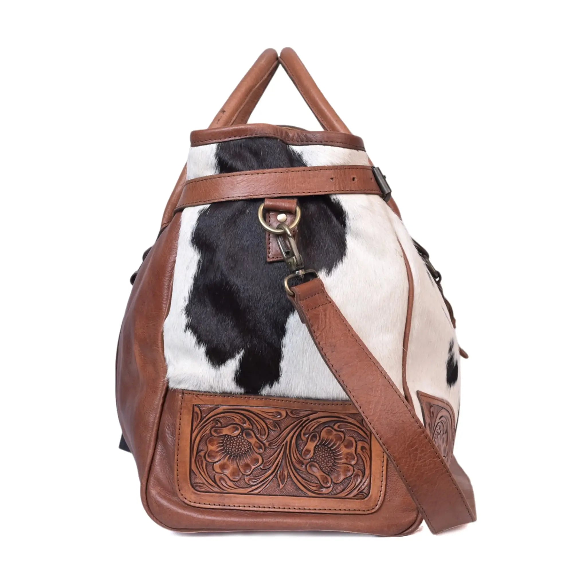 Western Cowhide hand tooled Leather Weekender Duffel Bag - abitoamerica