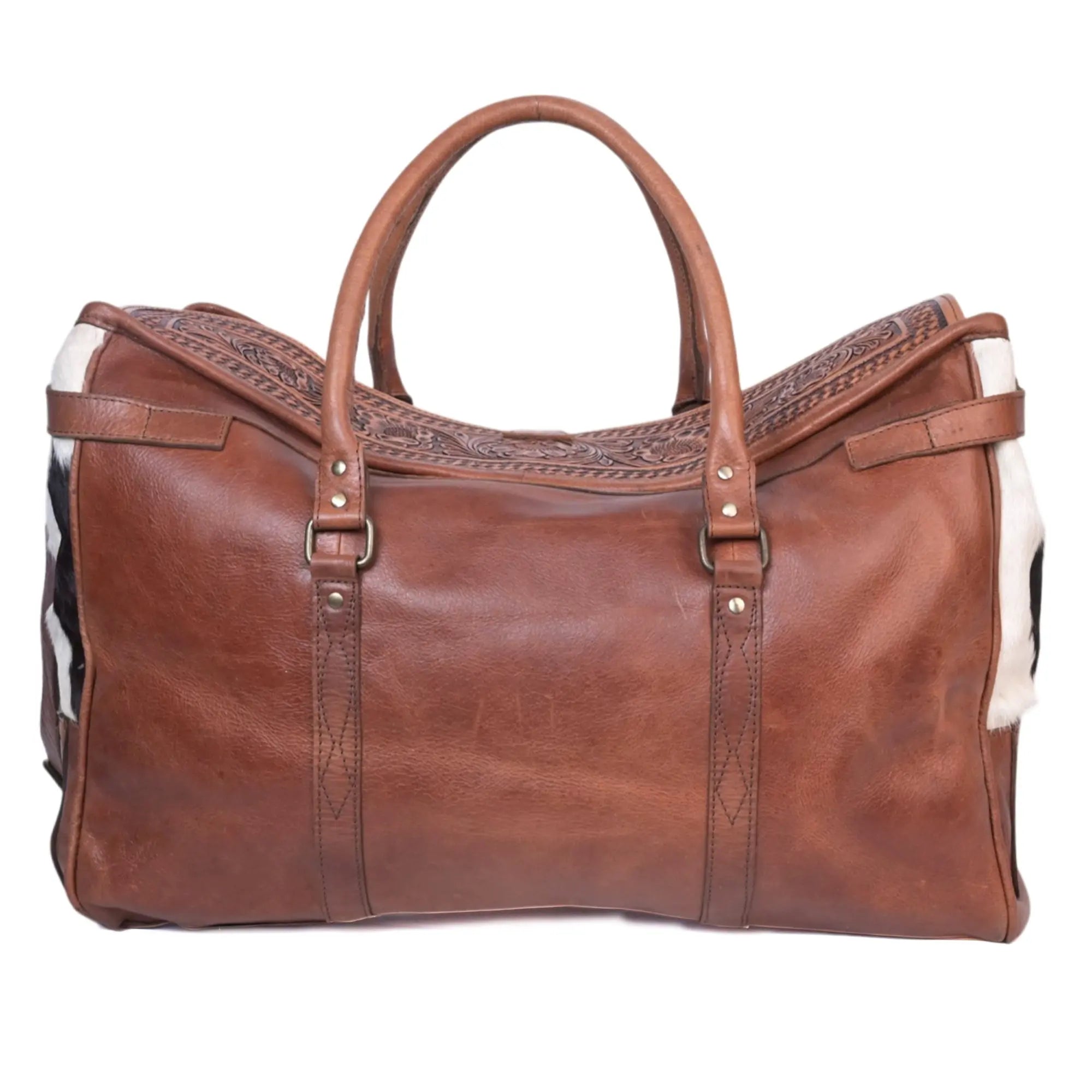 Western Cowhide hand tooled Leather Weekender Duffel Bag - abitoamerica