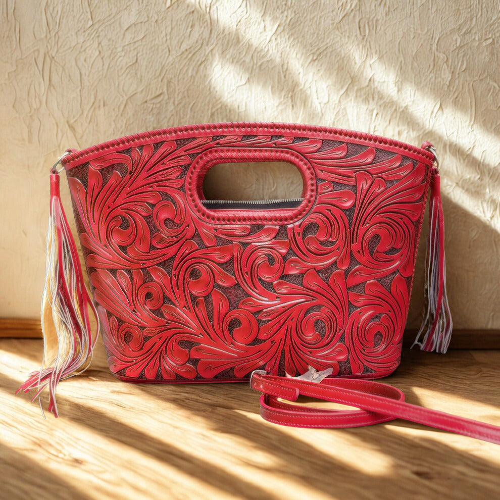Hand Tooled Leather Tote, Western tooled Leather Crossbody with Fringe, Argentine Harness Leather Handbag