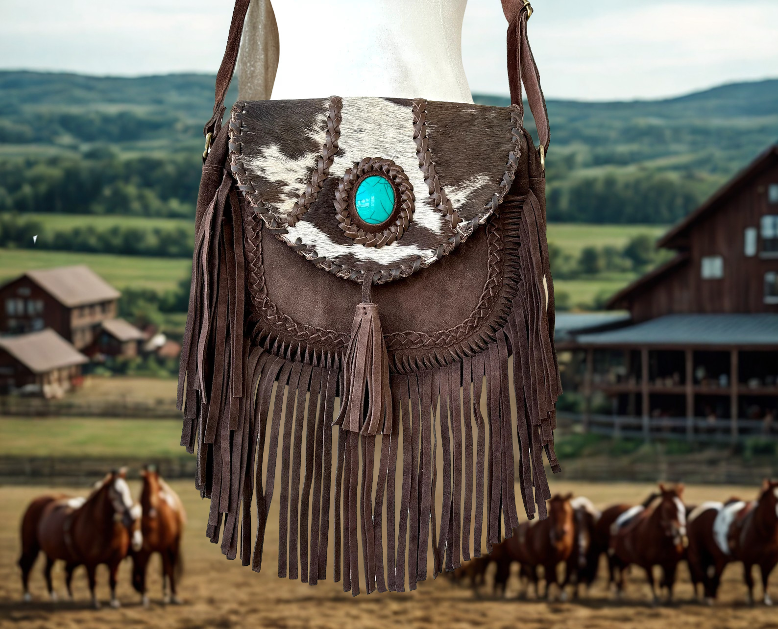 Cowhide Leather Crossbody Purse: Turquoise & Fringe Western Handbags