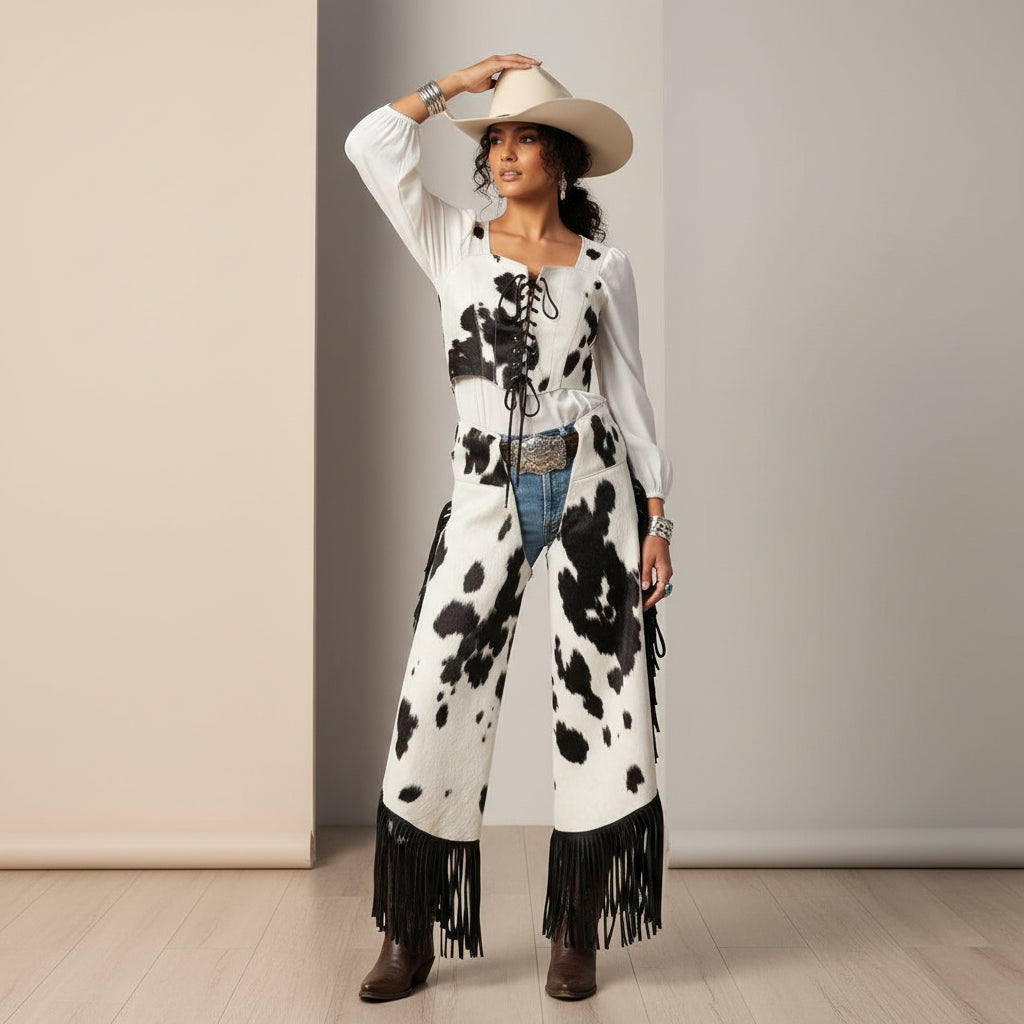 Black & White Cowhide Leather Chaps with Fringe – Festival Riding Gear Set