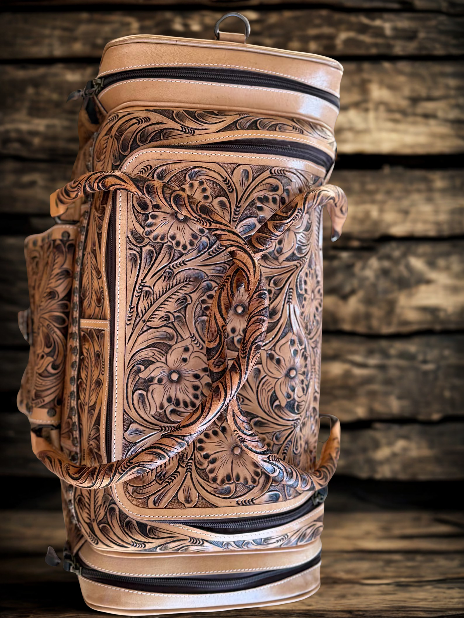Barcelona Tooled Leather Duffel Bag : Natural Leather Western Handbags