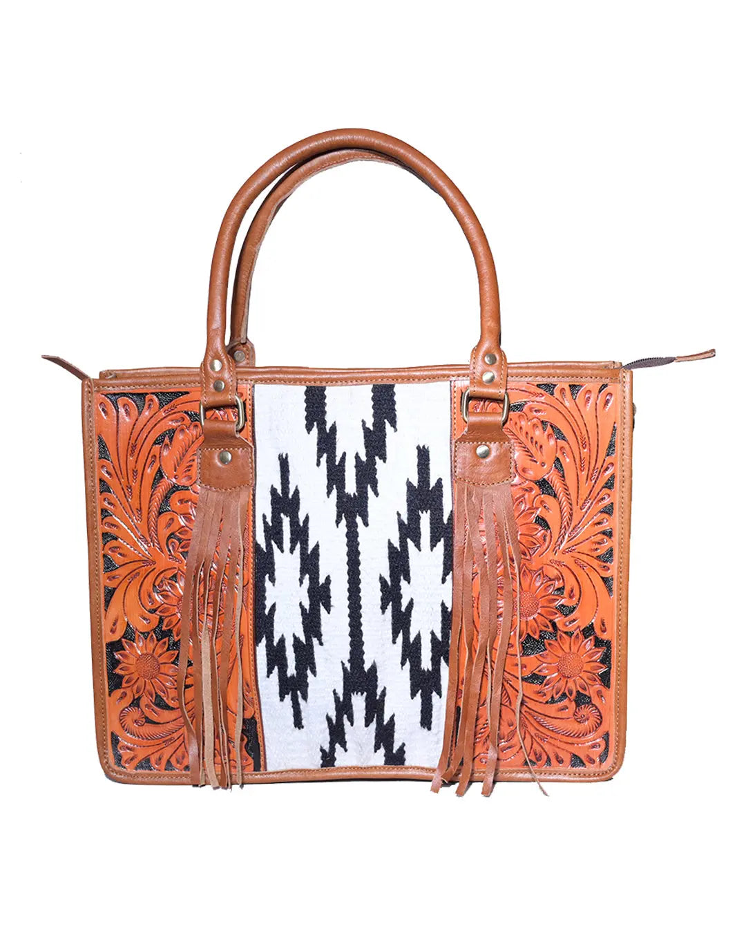 Western Saddle Blanket Aztec Hand Tooled Genuine Leather Crossbody Handbag - abitoamerica