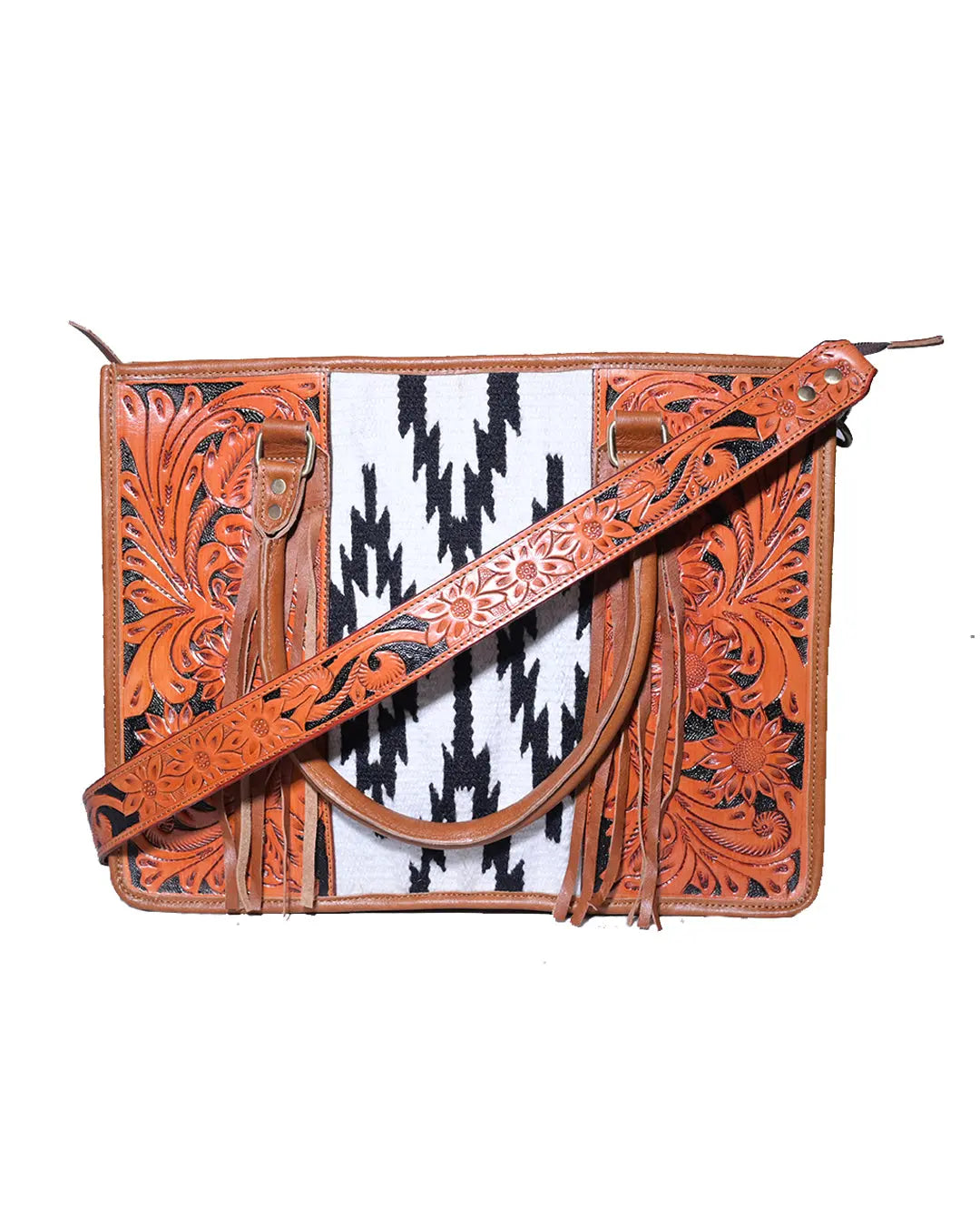 Western Saddle Blanket Aztec Hand Tooled Genuine Leather Crossbody Handbag - abitoamerica
