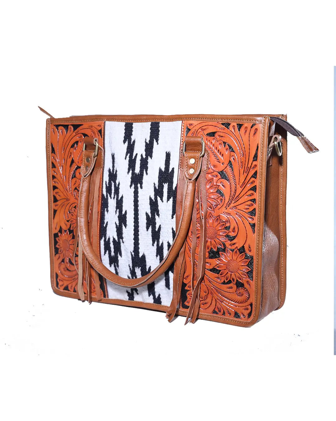 Western Saddle Blanket Aztec Hand Tooled Genuine Leather Crossbody Handbag - abitoamerica