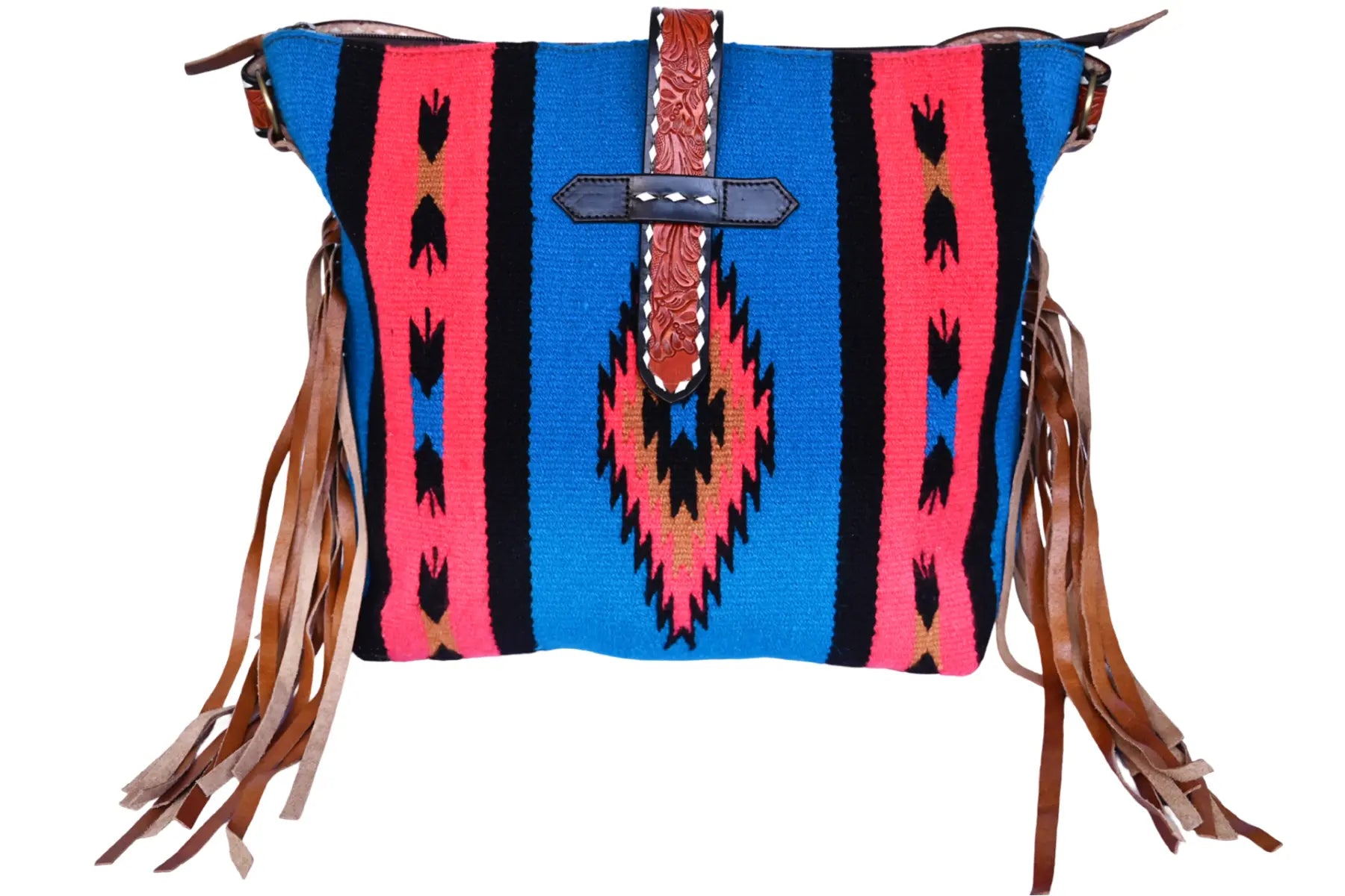 Western Saddle Blanket Hand Tooled Leather Crossbody Bag - abitoamerica