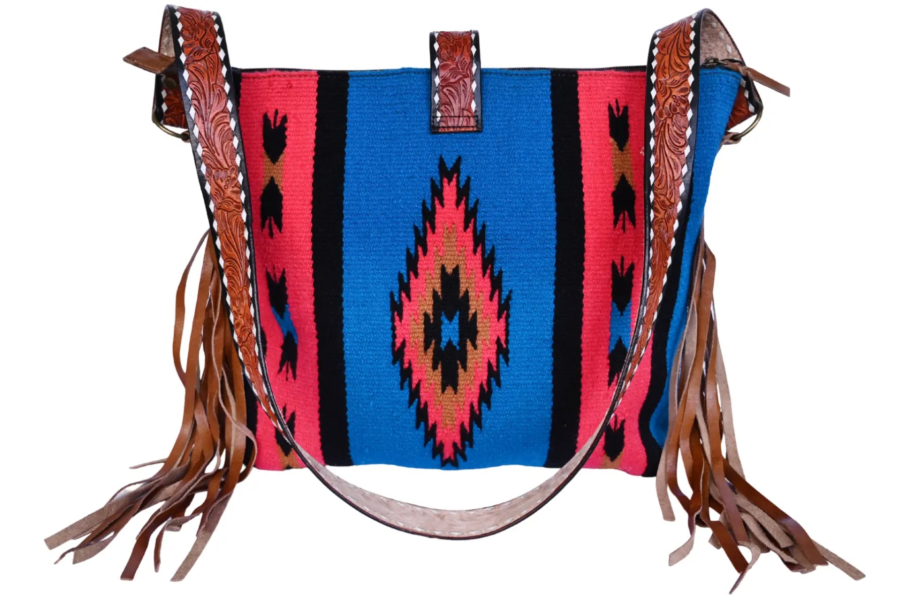 Western Saddle Blanket Hand Tooled Leather Crossbody Bag - abitoamerica
