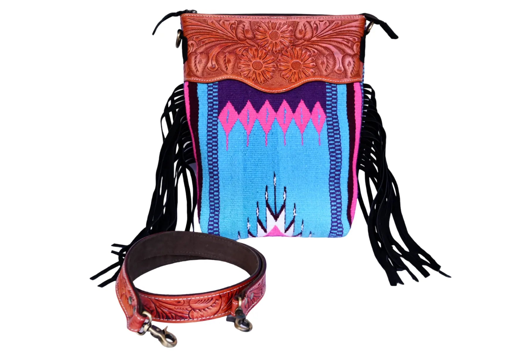 Western Saddle Blanket Hand Tooled Genuine Leather Crossbody Bag - abitoamerica