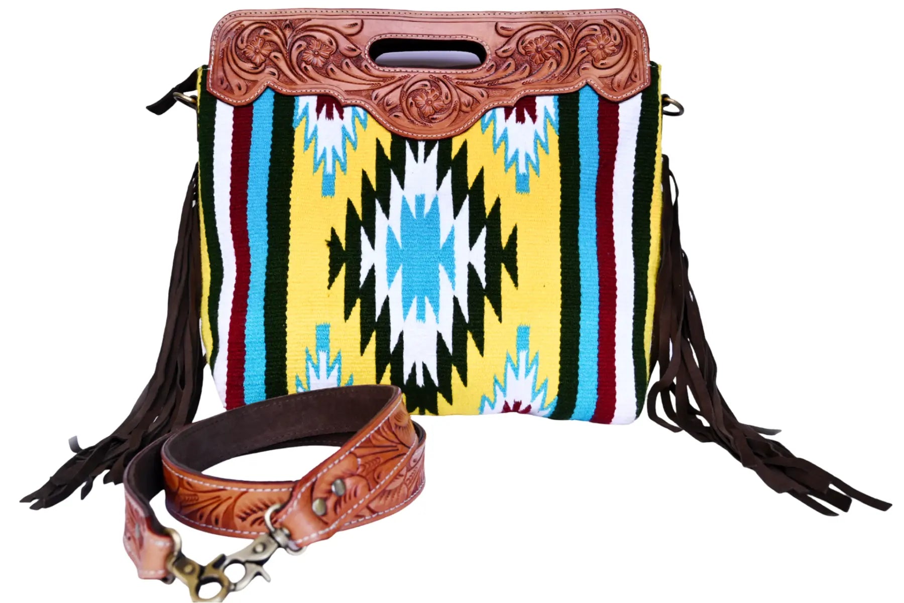 Western Saddle Blanket Hand Tooled Genuine Leather Crossbody Handbag - abitoamerica