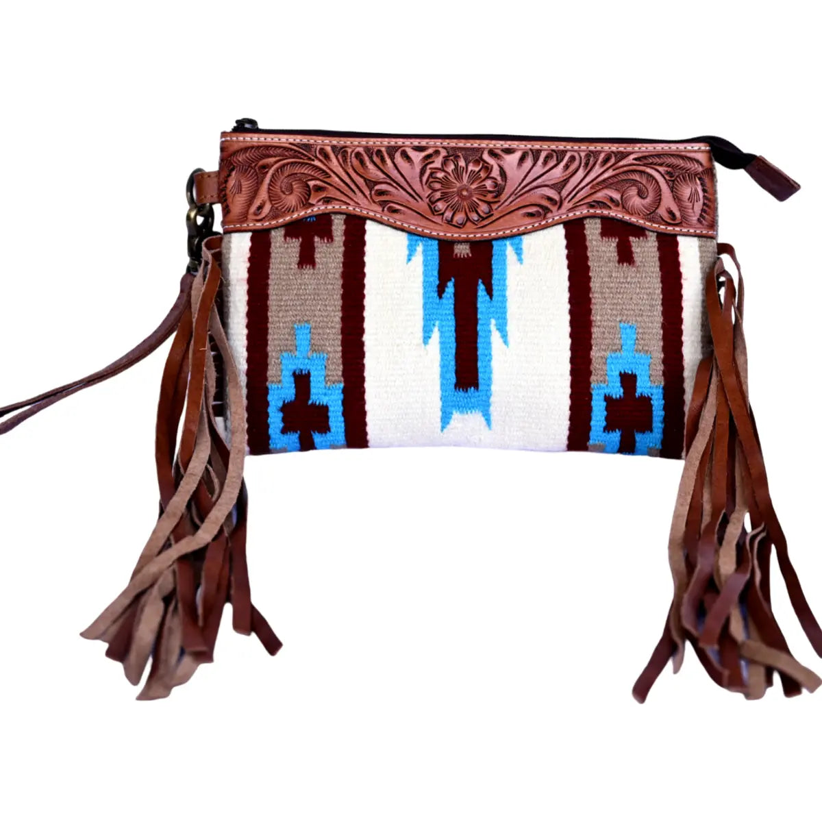 Western Saddle Blanket Hand Tooled Genuine Leather Clutch Wrist Bag - abitoamerica