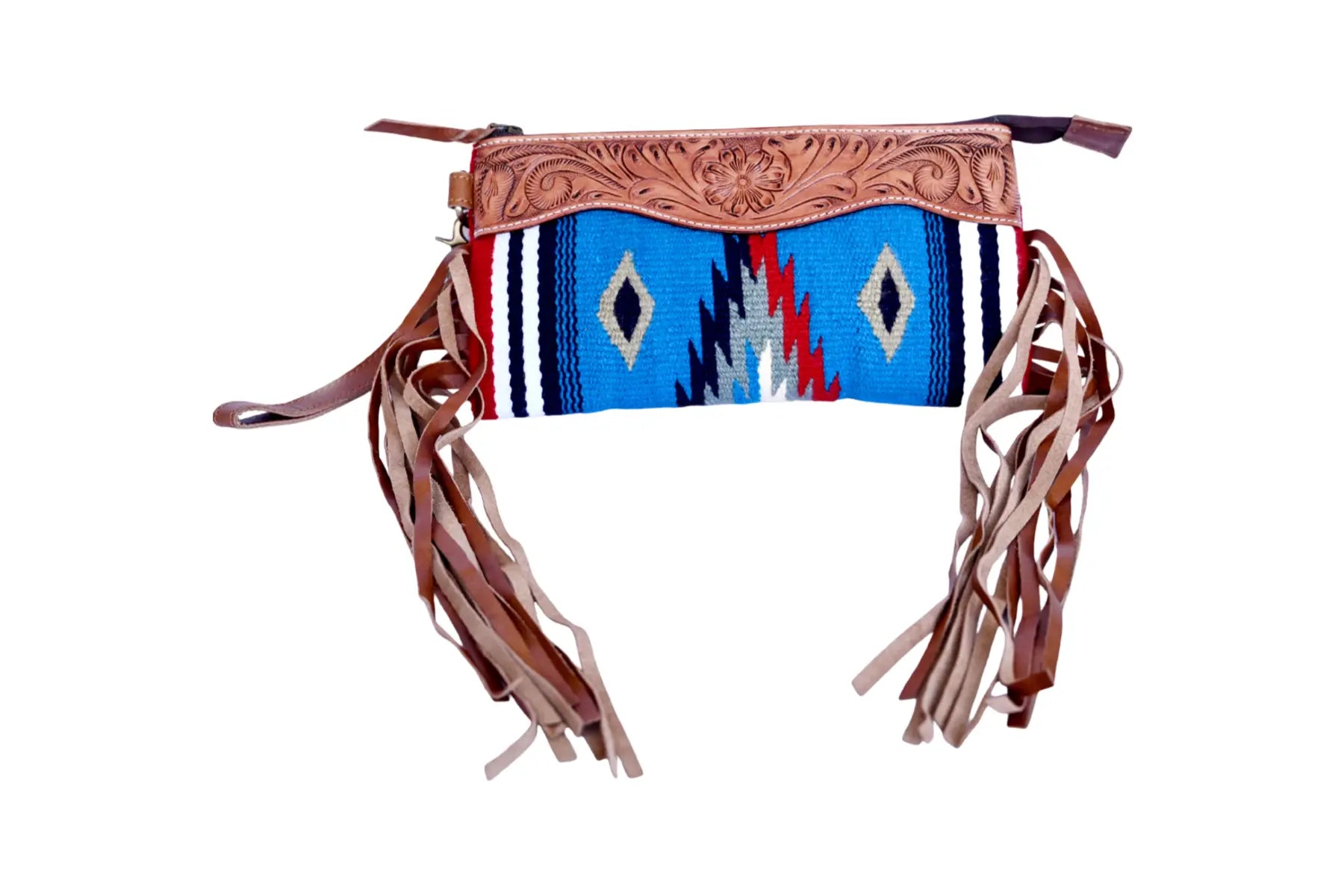 Western Saddle Blanket Hand Tooled Genuine Leather Clutch Wrist Bag - abitoamerica
