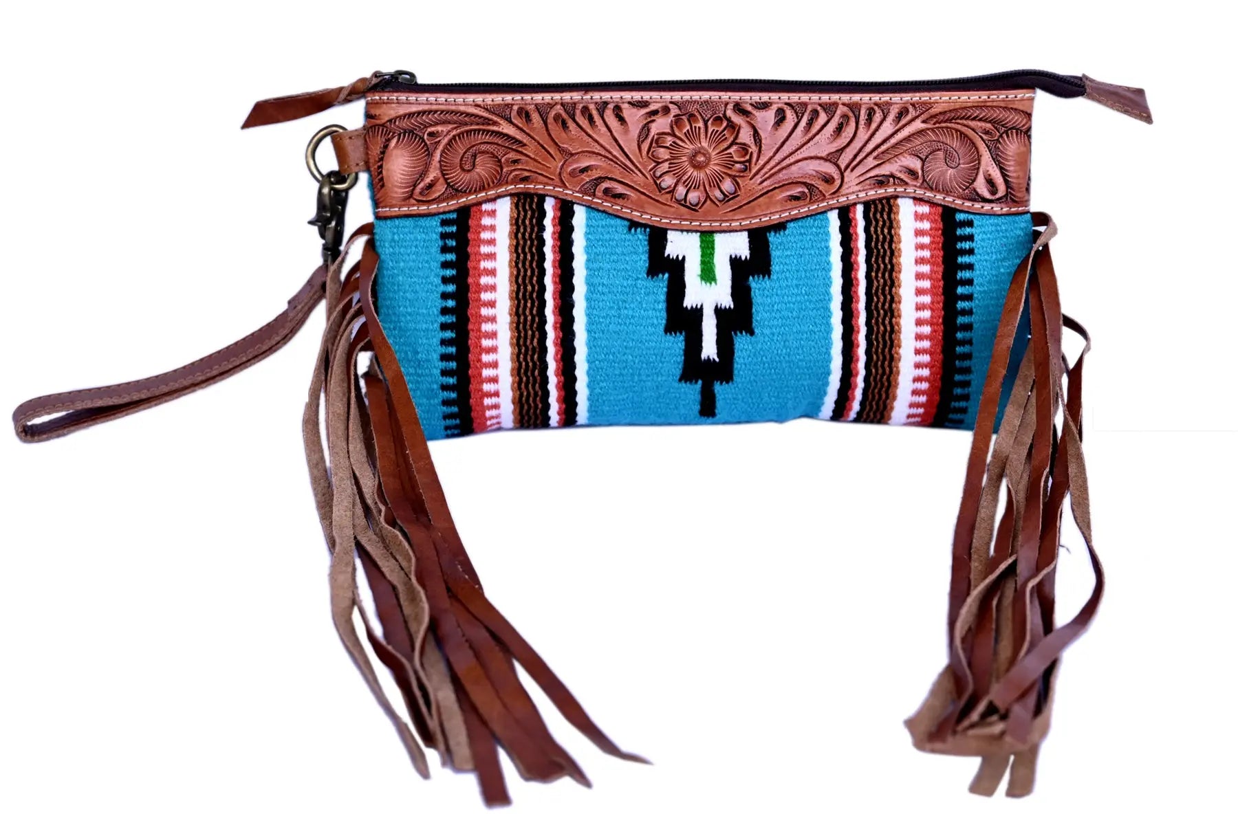 Western Saddle Blanket Hand Tooled Genuine Leather Clutch Wrist Bag - abitoamerica
