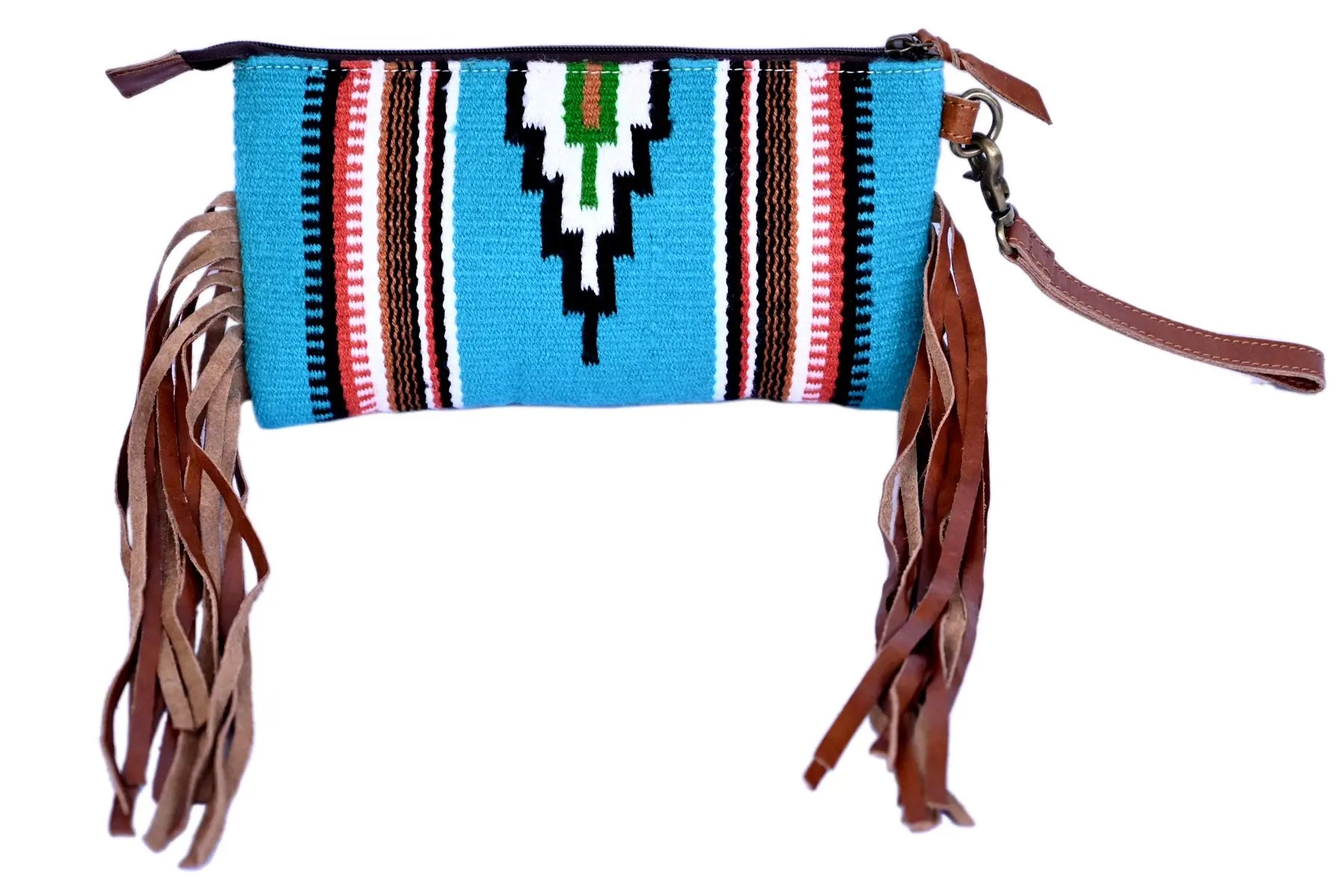 Western Saddle Blanket Hand Tooled Genuine Leather Clutch Wrist Bag - abitoamerica