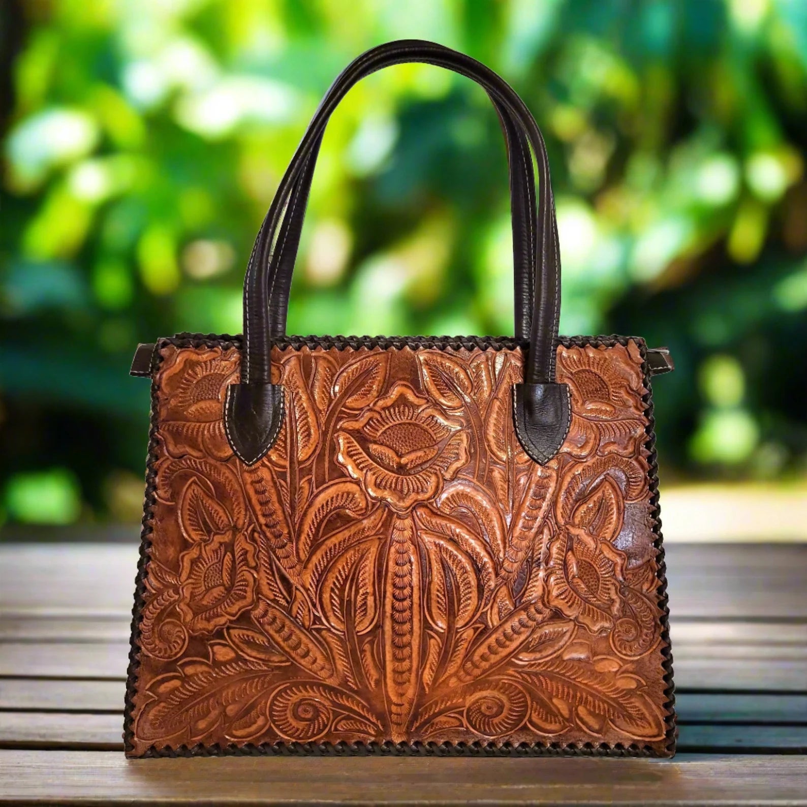 Handmade Tooled Leather Shoulder Bag: Vintage Cowhide Handbag