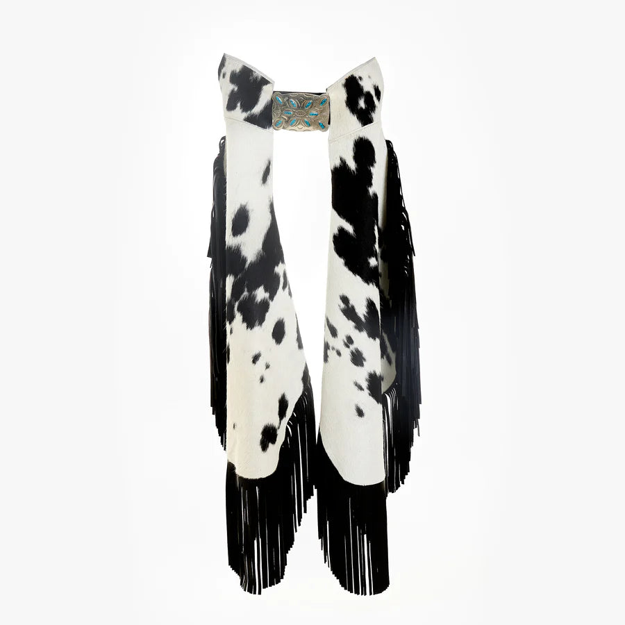 Black & White Cowhide Leather Chaps with Fringe – Festival Riding Gear Set