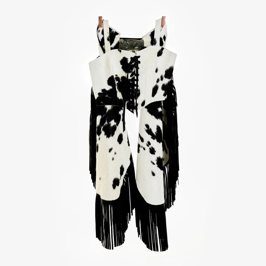 Black & White Cowhide Leather Chaps with Fringe – Festival Riding Gear Set