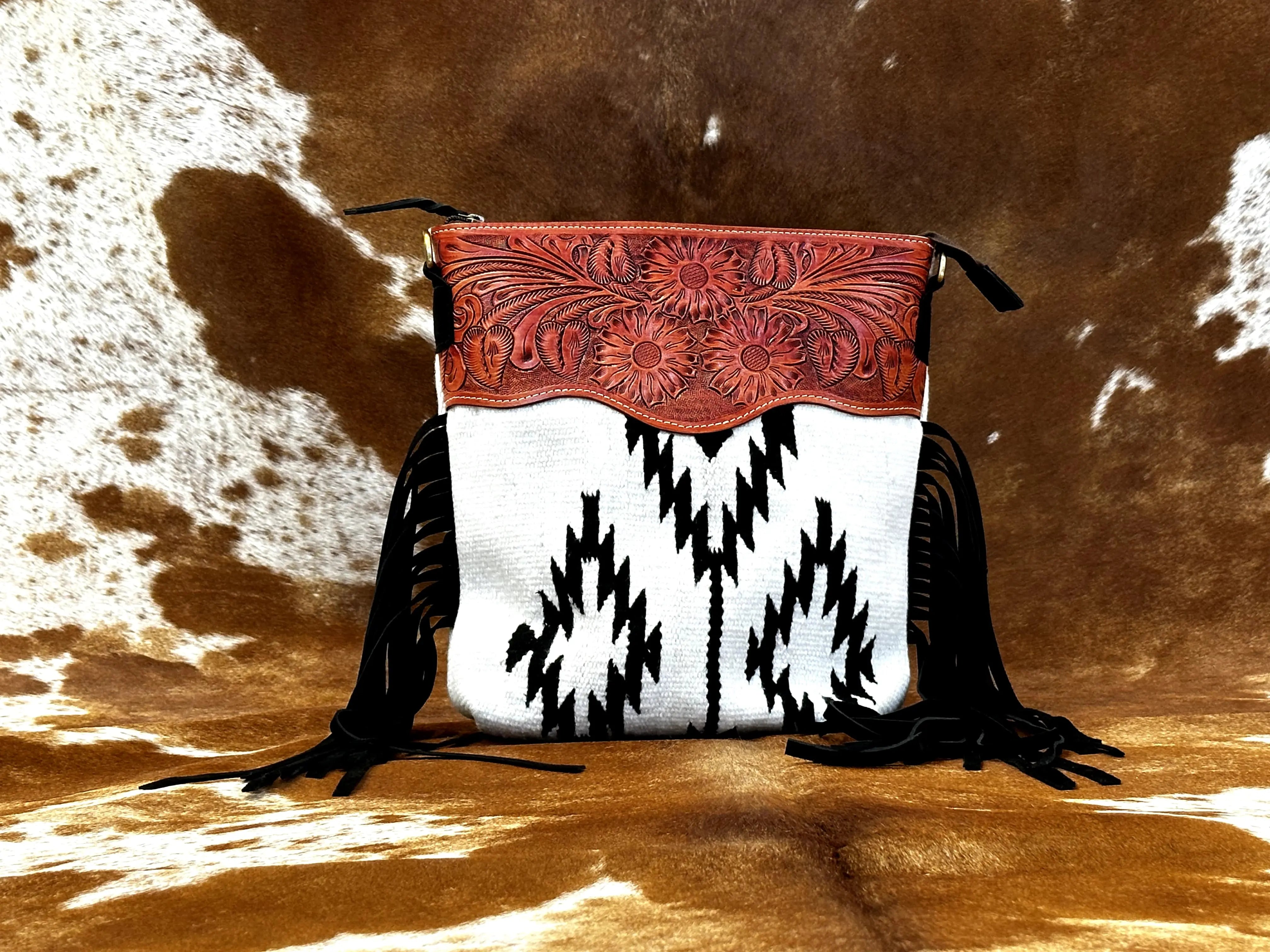 Western Saddle Blanket Hand Tooled Genuine Leather Signature Crossbody Bag - abitoamerica