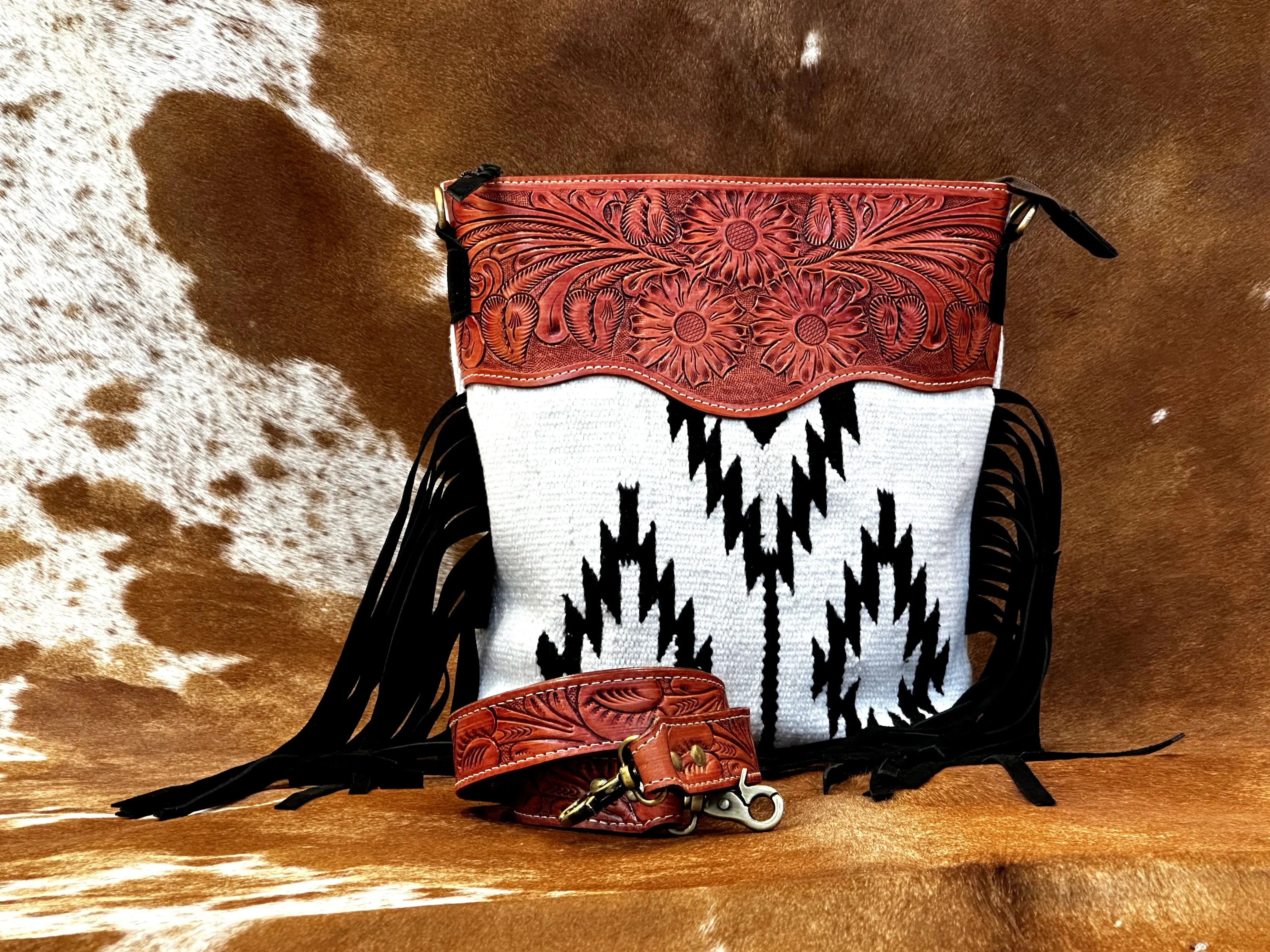 Western Saddle Blanket Hand Tooled Genuine Leather Signature Crossbody Bag - abitoamerica