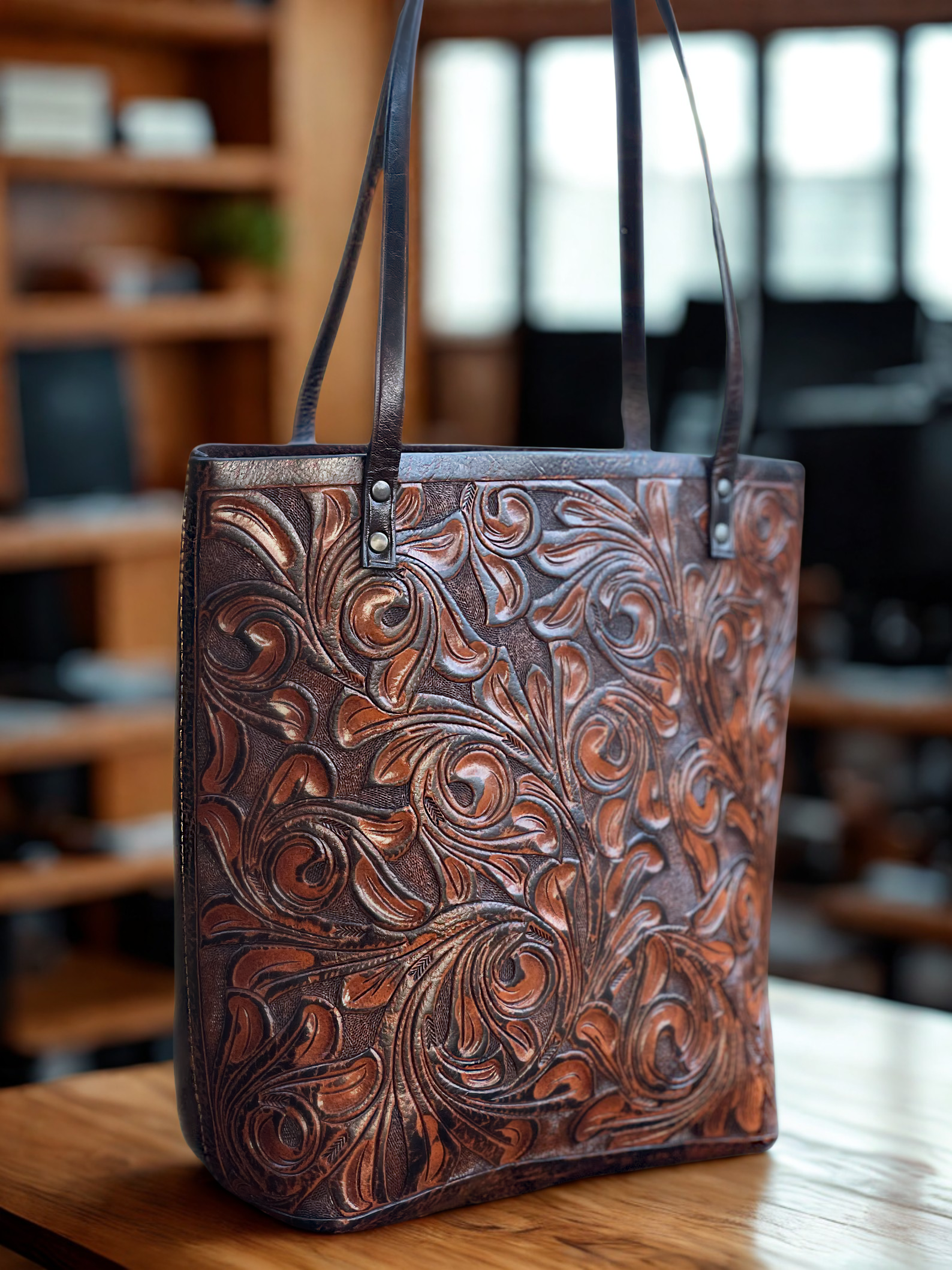Hand-Tooled Leather Tote Bag – Western Cowgirl Style Shoulder Purse, Handmade Artisan Large Brown Tote, Boho Rodeo Ranch Handbag