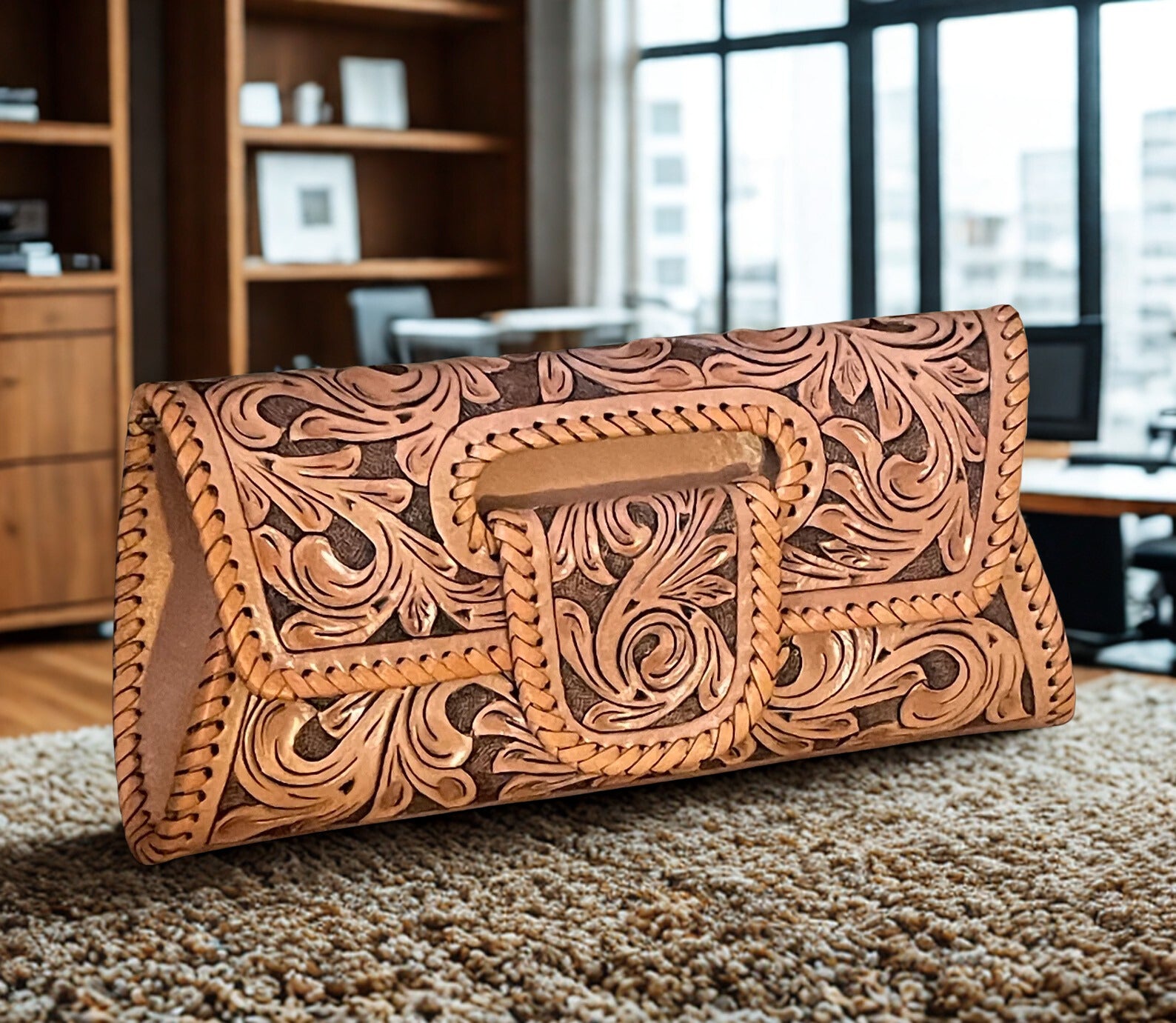 Hand-Tooled Leather Clutch Crossbody Small Bag, Western Boho Style, vintage bag, cowgirl style bag, brown leather bag, Mexican purse