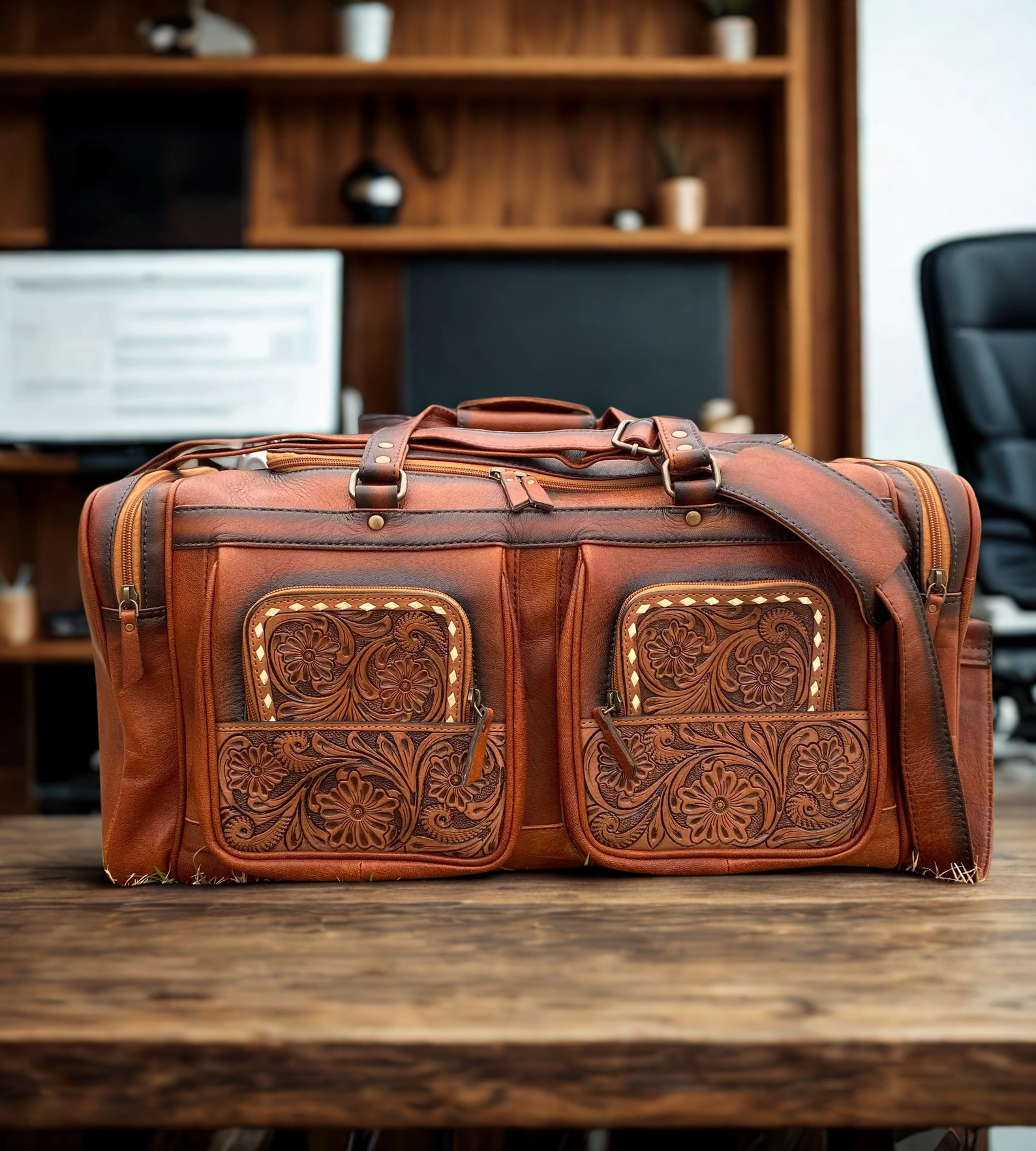 Western-Style Classic Tooled Leather Duffle Bag