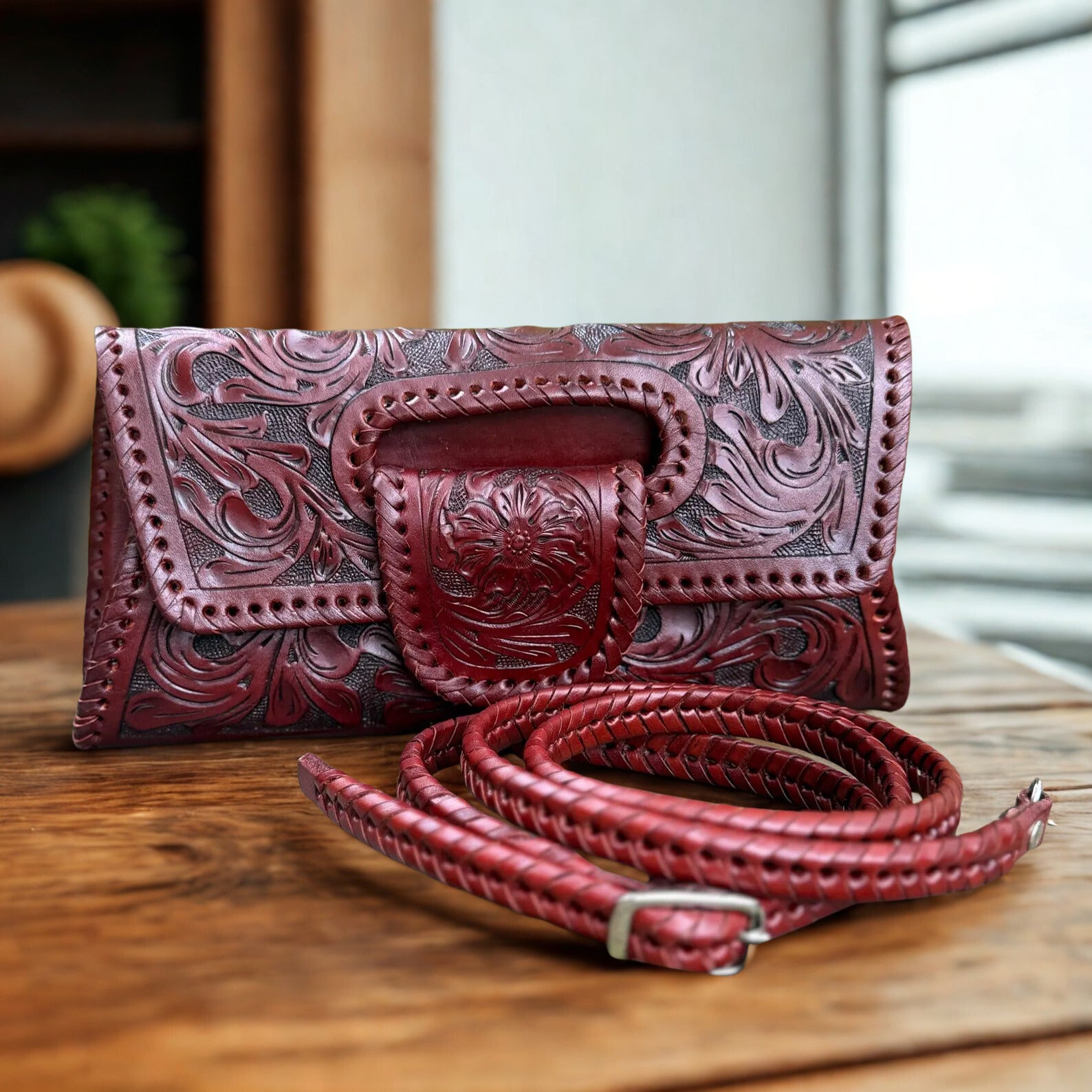 Hand-Tooled Leather Clutch Crossbody Small Bag, Western Boho Style, vintage bag, cowgirl style bag, brown leather bag, Mexican purse