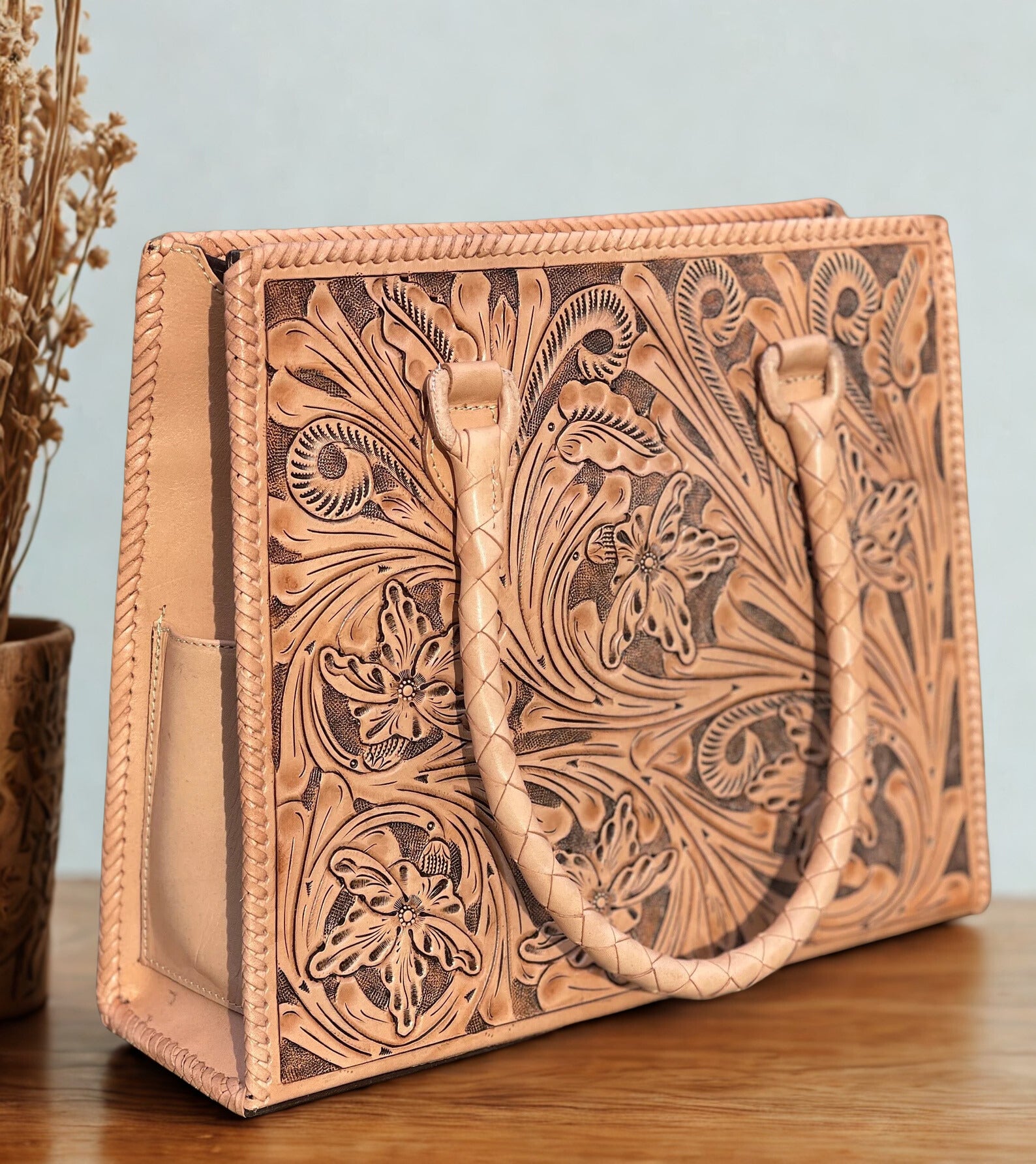 Hand-Tooled Leather Tote Bag – Western Floral Purse, Barcelona Leather Tote, Artisan Handmade Large Shoulder Bag, Boho Cowgirl Rodeo Handbag