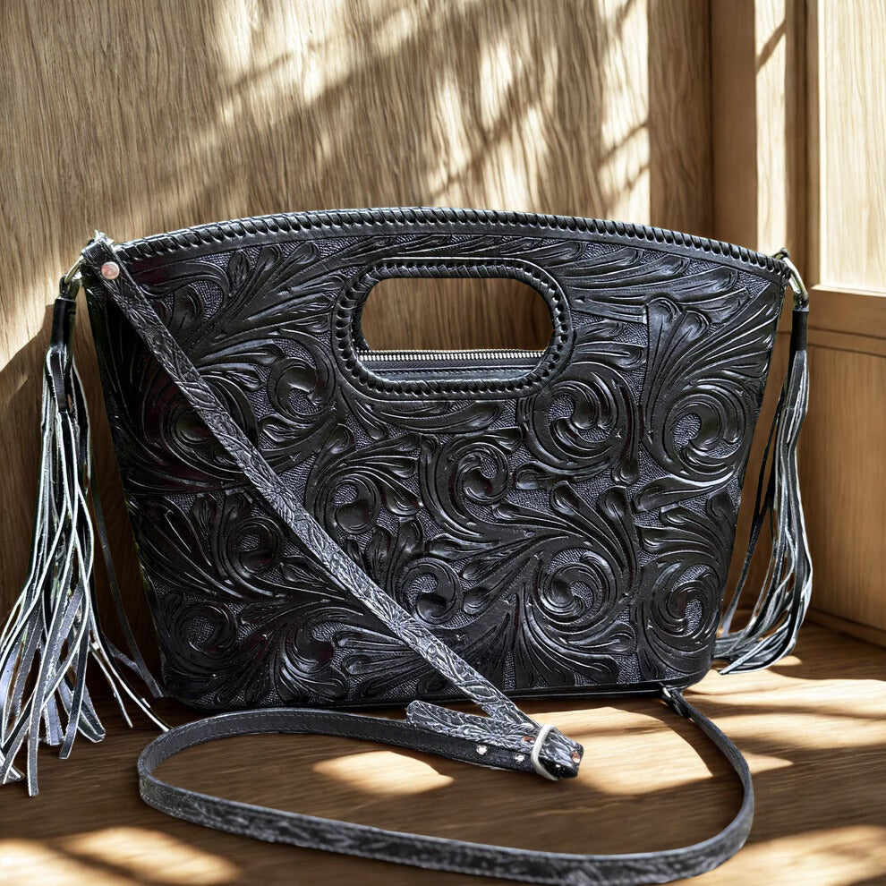 Hand Tooled Leather Tote, Western tooled Leather Crossbody with Fringe, Argentine Harness Leather Handbag