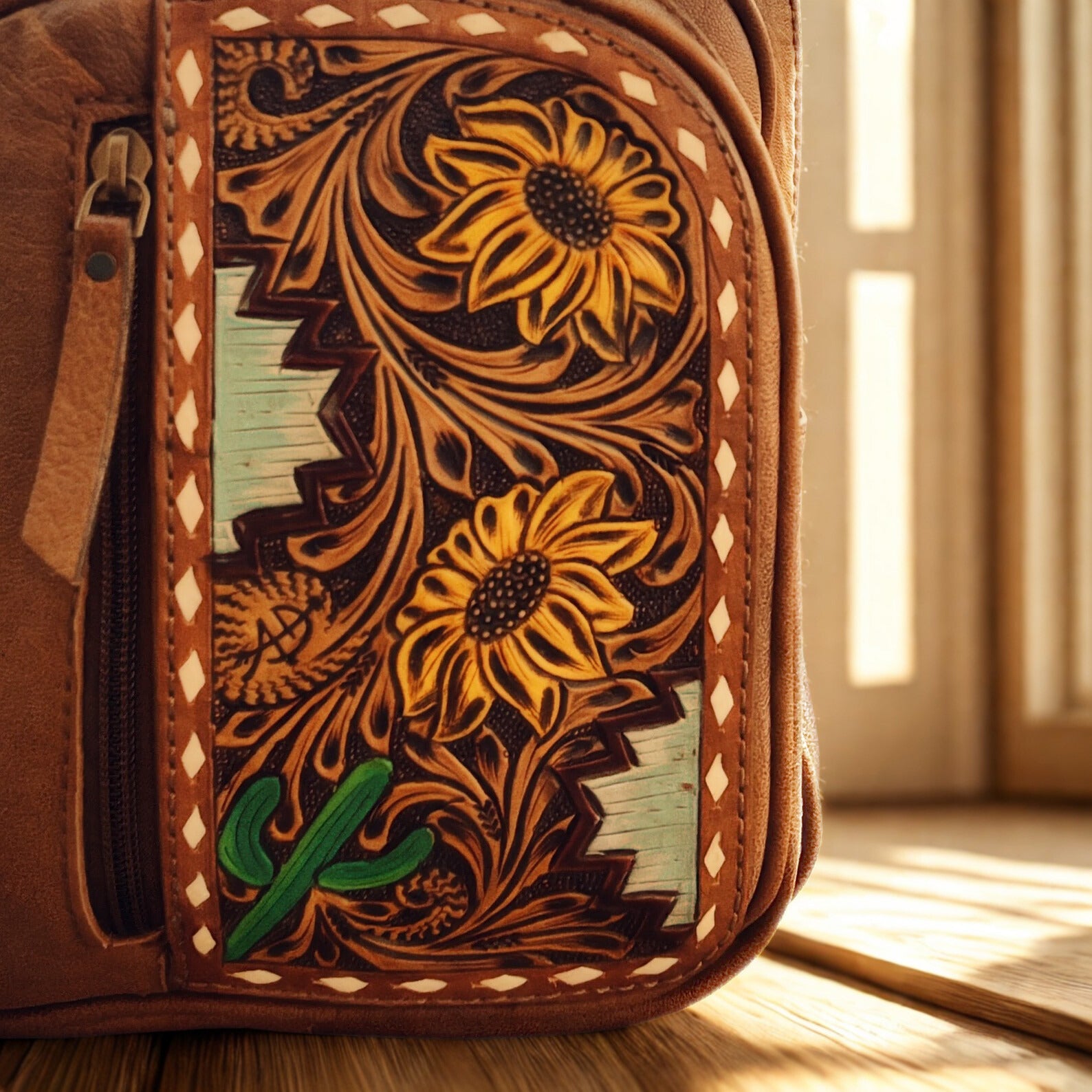 Yellow Floral Hand Tooled Leather Crossbody Bag, Womans Sling Bag, Sling Purse, Travel Sling Bag, Mini Crossbody Sling Bag , Western Leather Purse