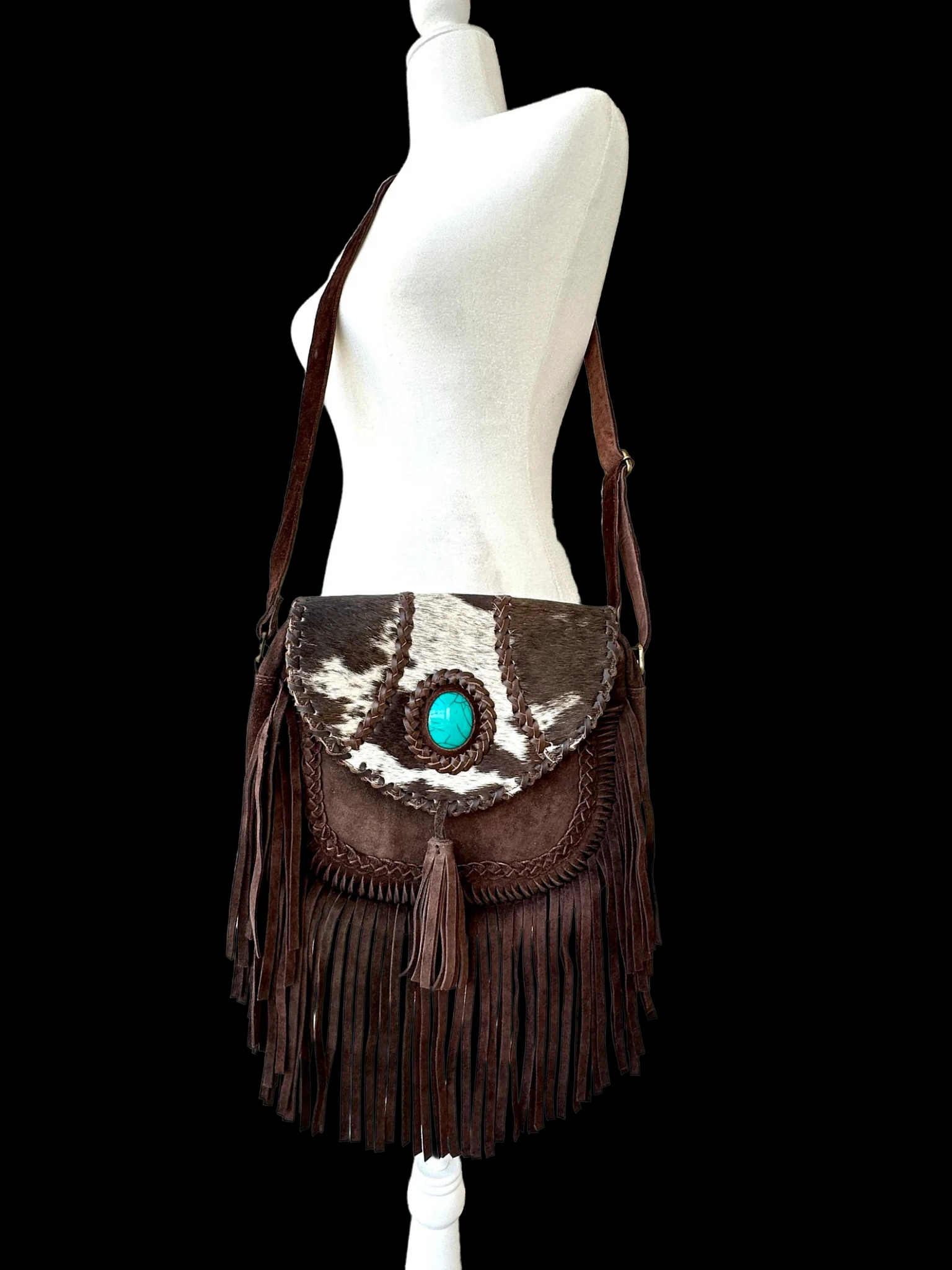 Cowhide Leather Crossbody Purse: Turquoise & Fringe Western Handbags