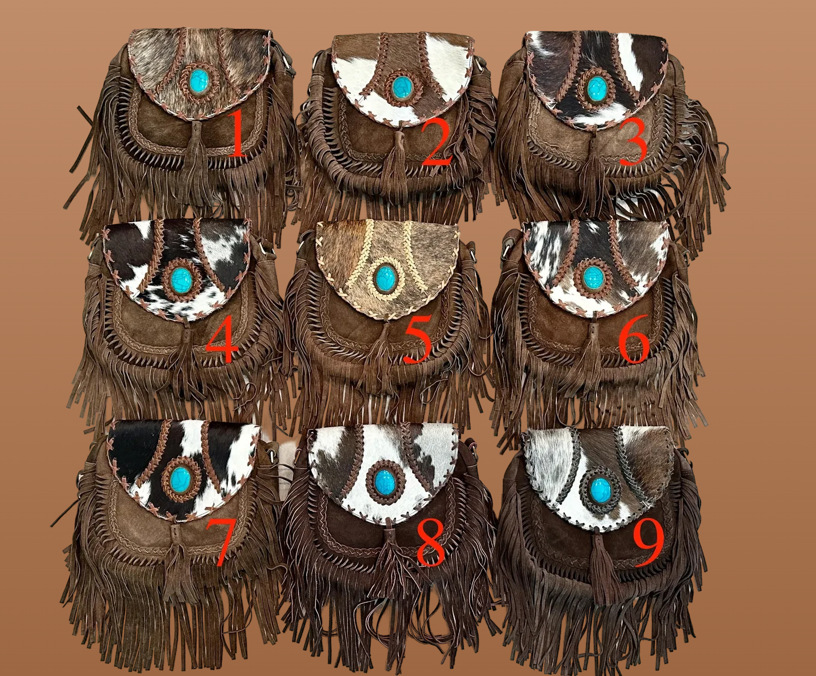 Cowhide Leather Crossbody Purse: Turquoise & Fringe Western Handbags