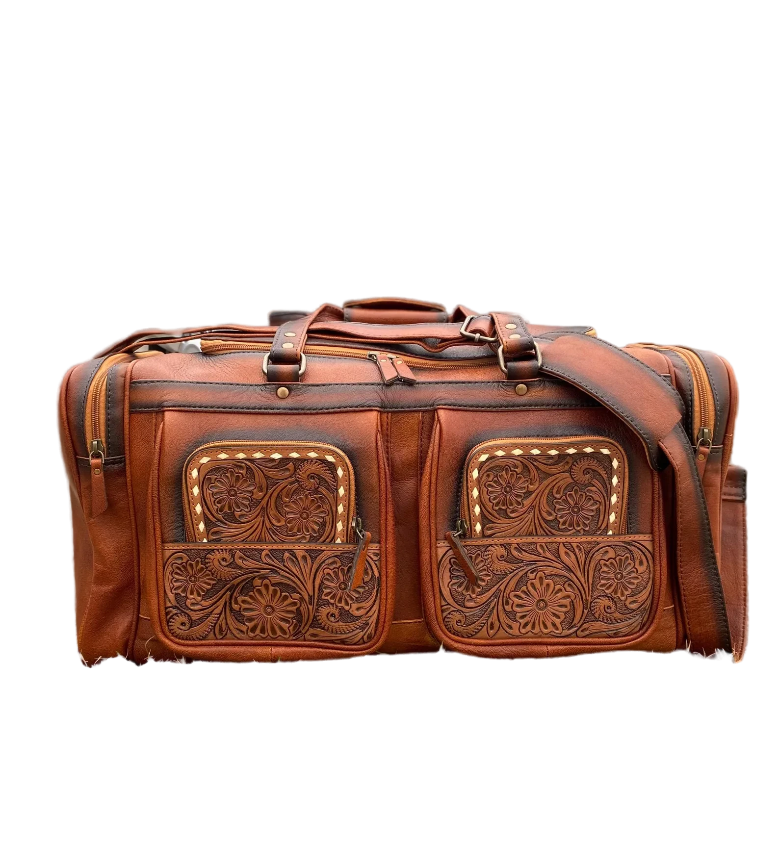 Western-Style Classic Tooled Leather Duffle Bag