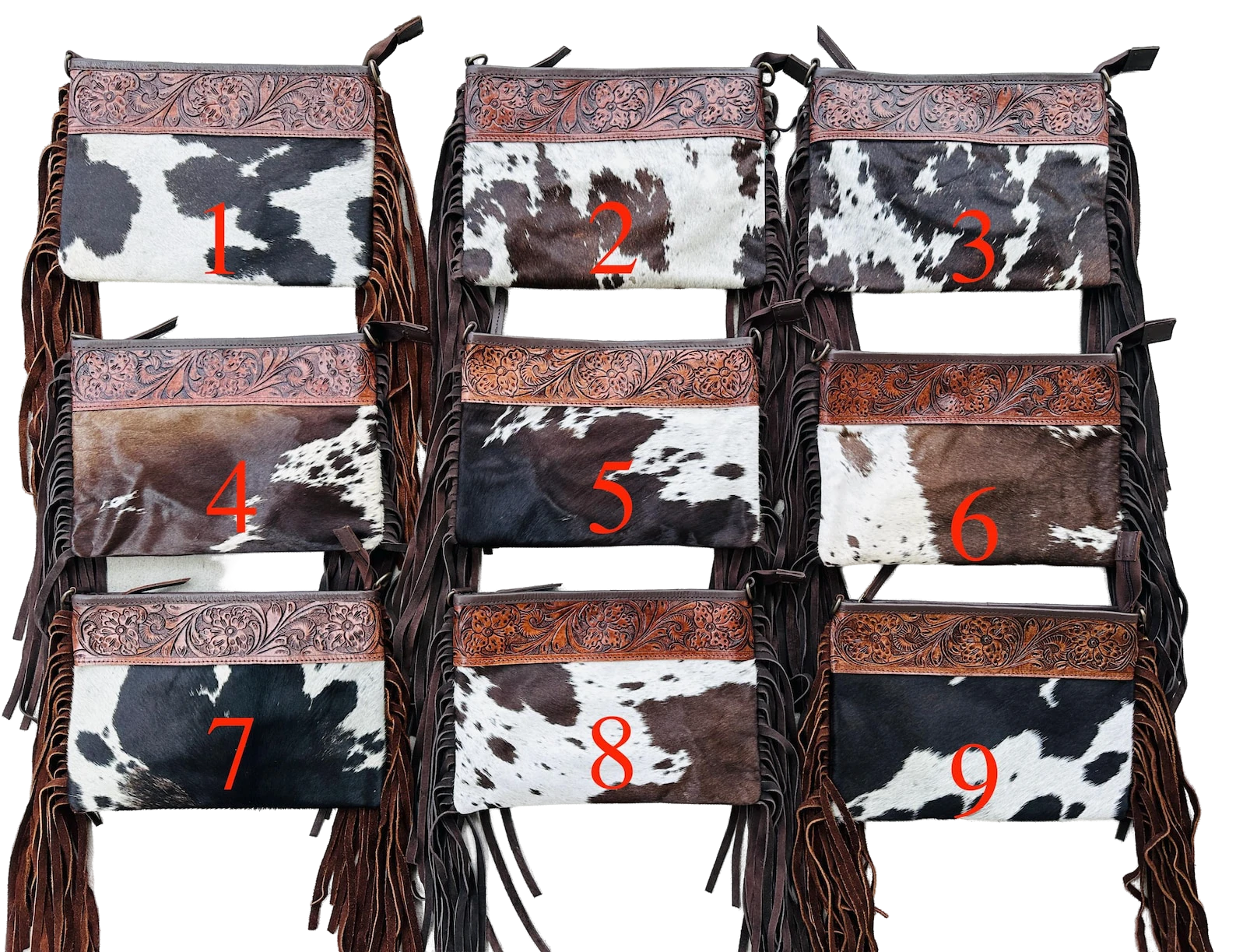 Cowhide Crossbody Bag: Tooled Leather & Fringe - Handmade Western Purse