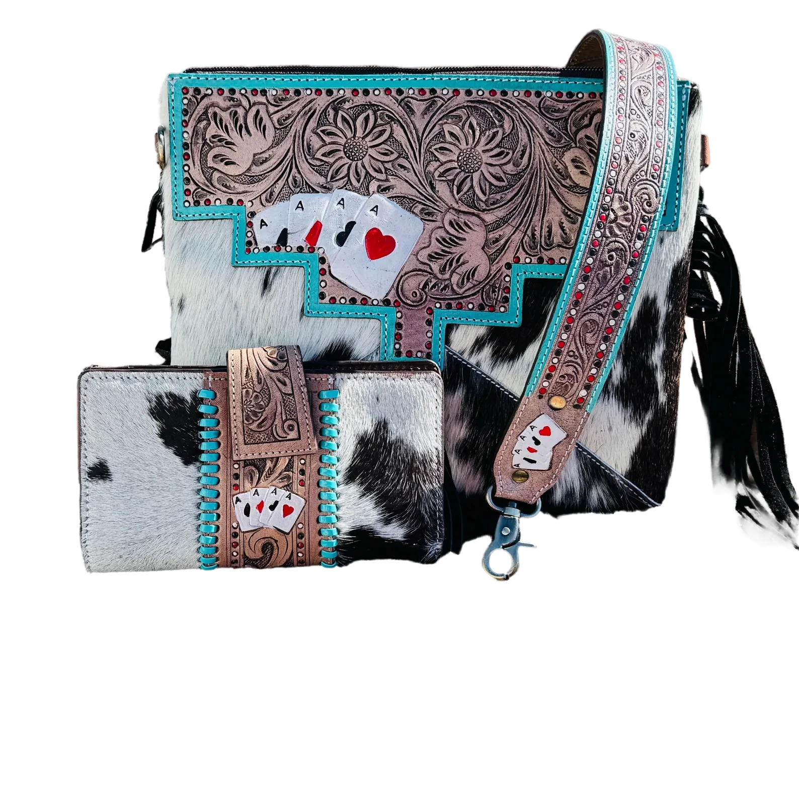 Genuine Western Cowhide Leather Purse and Wallet with Ace Cards painted details and black fringe.