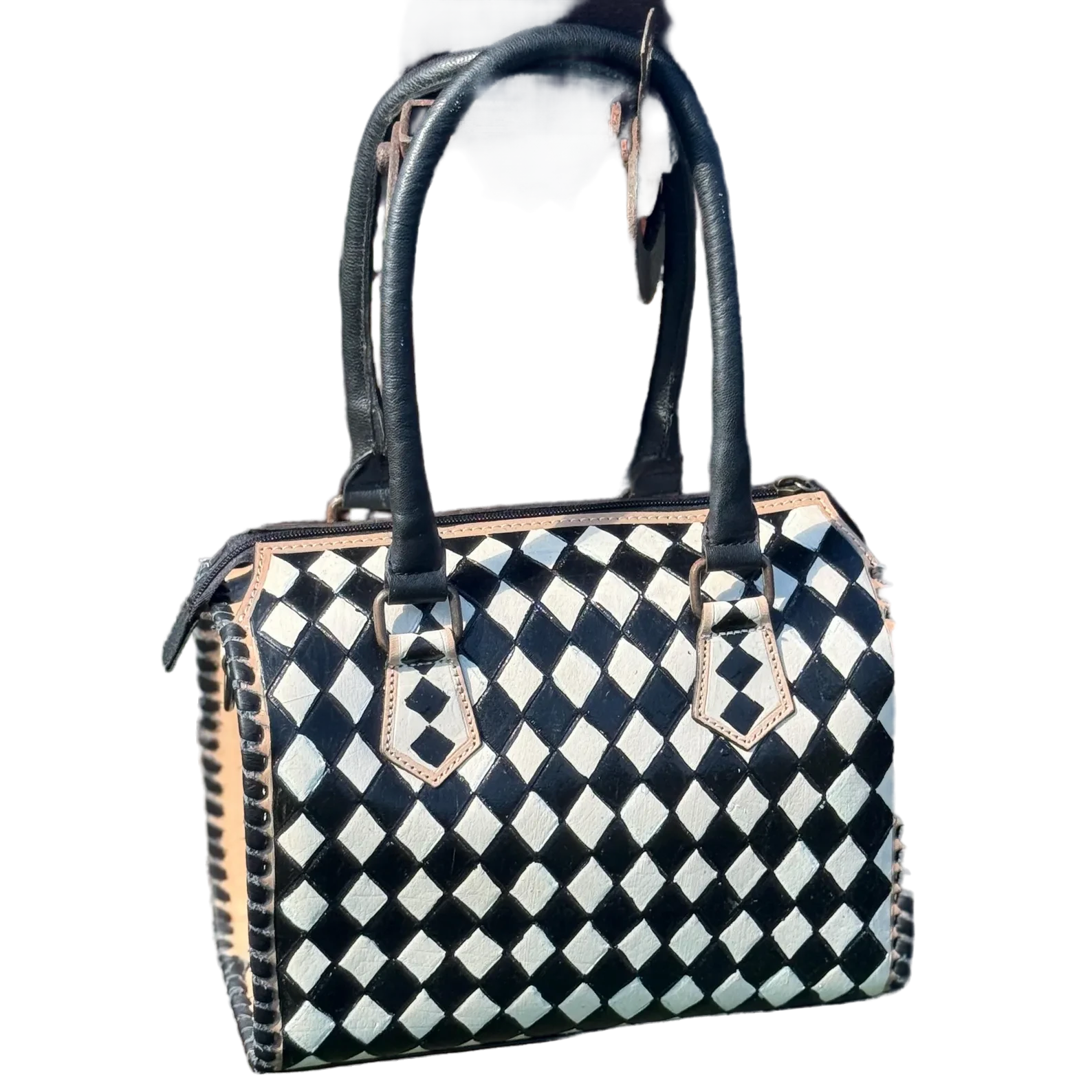 Black and White Checkered Genuine Western Cowhide Leather Purse