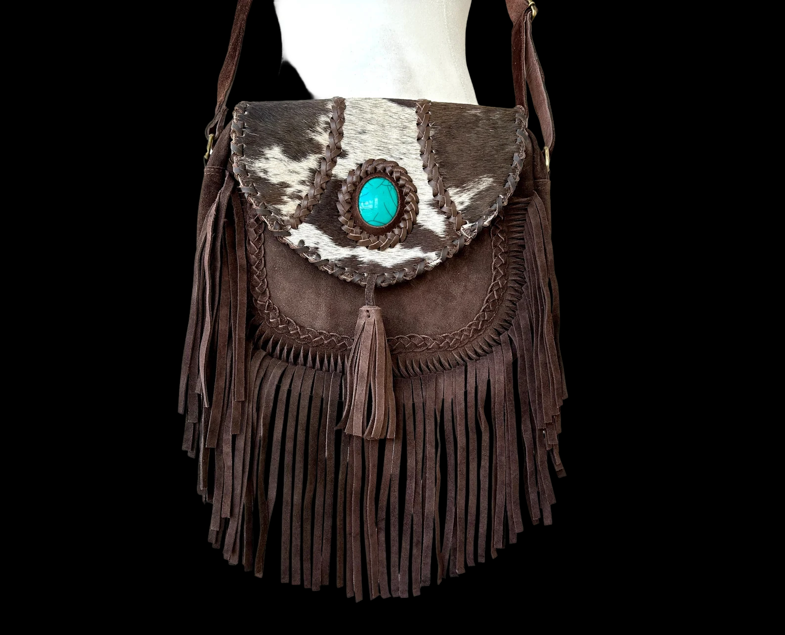 Cowhide Leather Crossbody Purse: Turquoise & Fringe Western Handbags