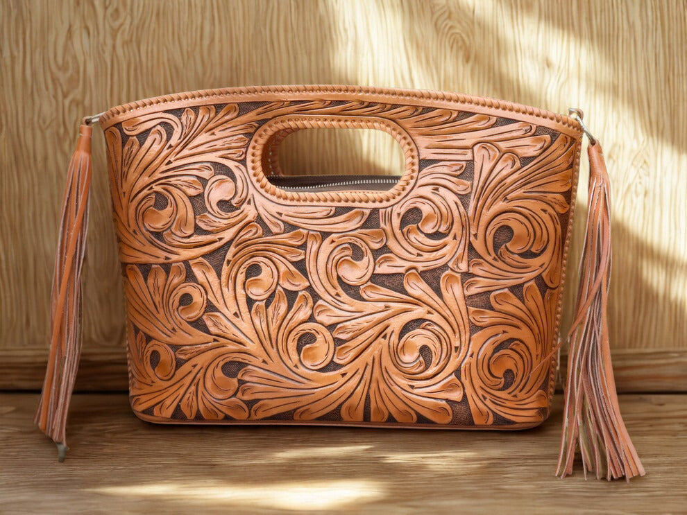 Hand Tooled Leather Tote, Western tooled Leather Crossbody with Fringe, Argentine Harness Leather Handbag