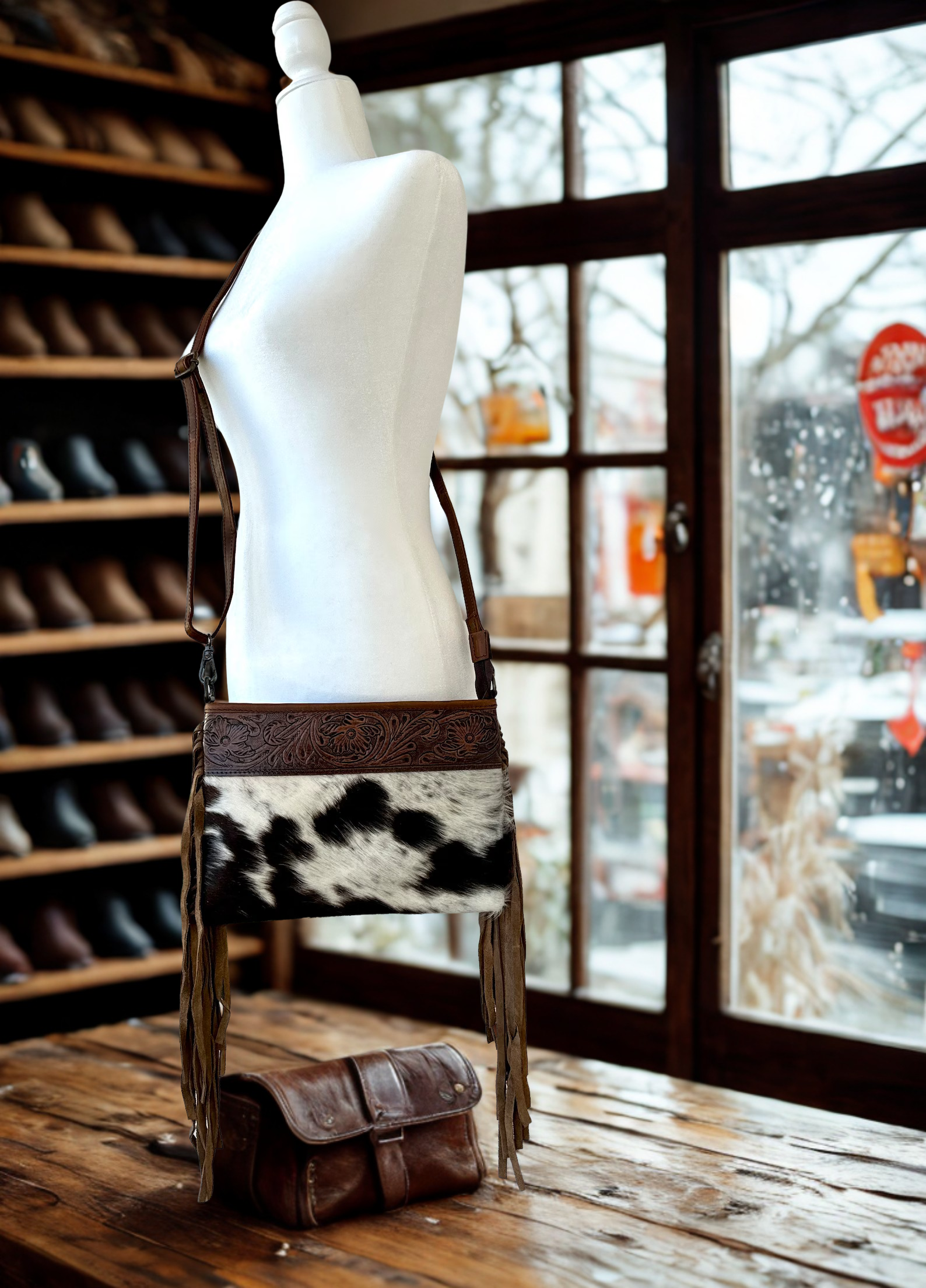 Cowhide Crossbody Bag: Tooled Leather & Fringe - Handmade Western Purse