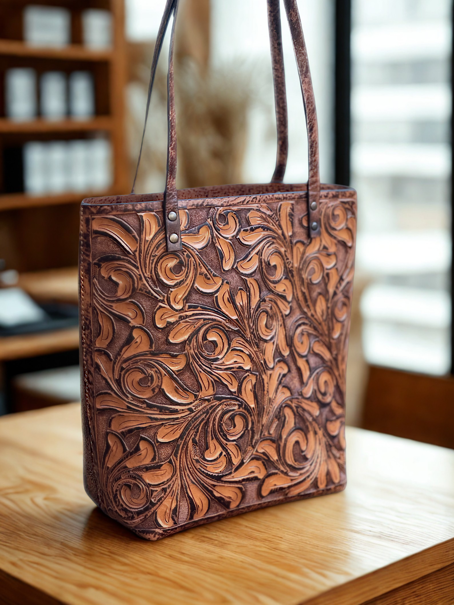 Hand-Tooled Leather Tote Bag – Western Cowgirl Style Shoulder Purse, Handmade Artisan Large Brown Tote, Boho Rodeo Ranch Handbag