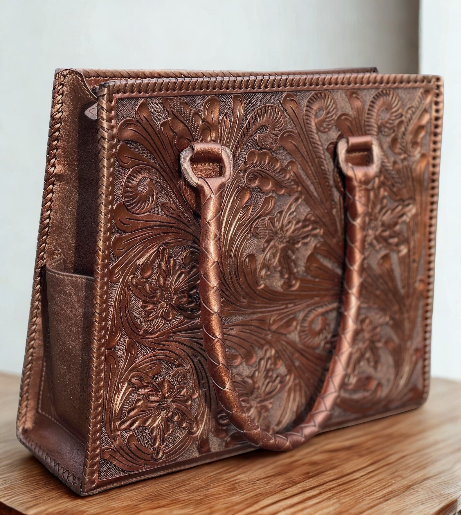 Hand-Tooled Leather Tote Bag – Western Floral Purse, Barcelona Leather Tote, Artisan Handmade Large Shoulder Bag, Boho Cowgirl Rodeo Handbag