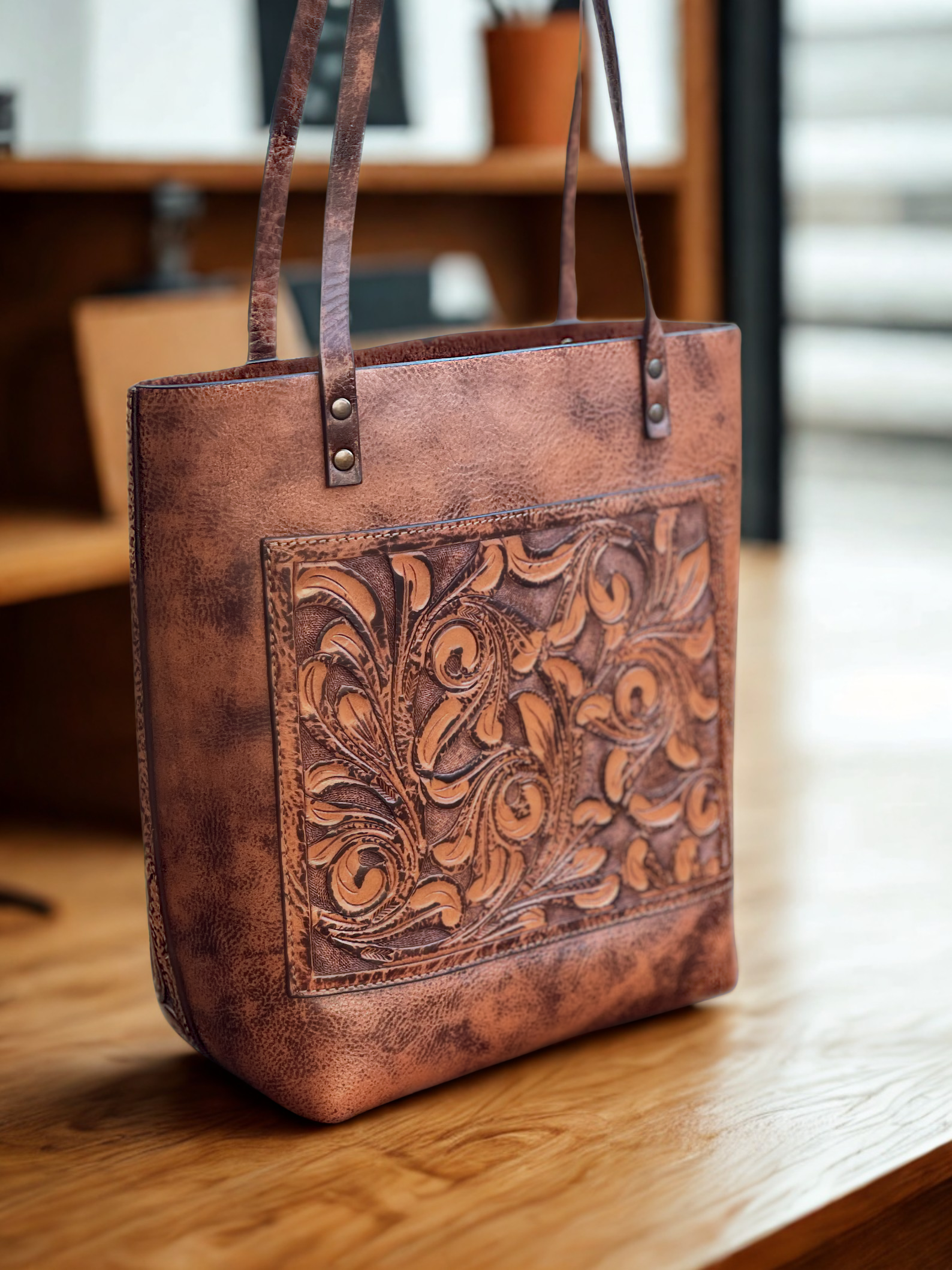 Hand-Tooled Leather Tote Bag – Western Cowgirl Style Shoulder Purse, Handmade Artisan Large Brown Tote, Boho Rodeo Ranch Handbag