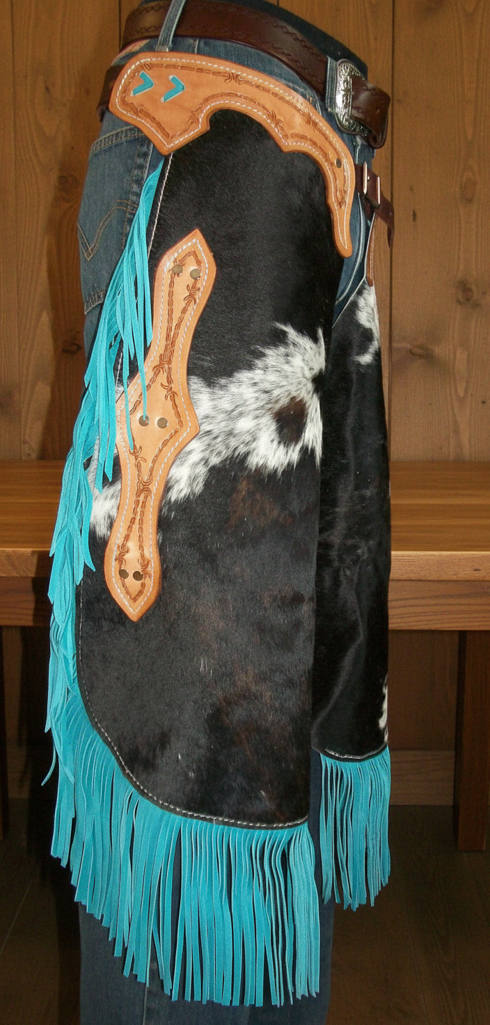 Elite Western Cowhide Chinks & Chaps – Handcrafted Hair-On Leather with Turquoise Accents