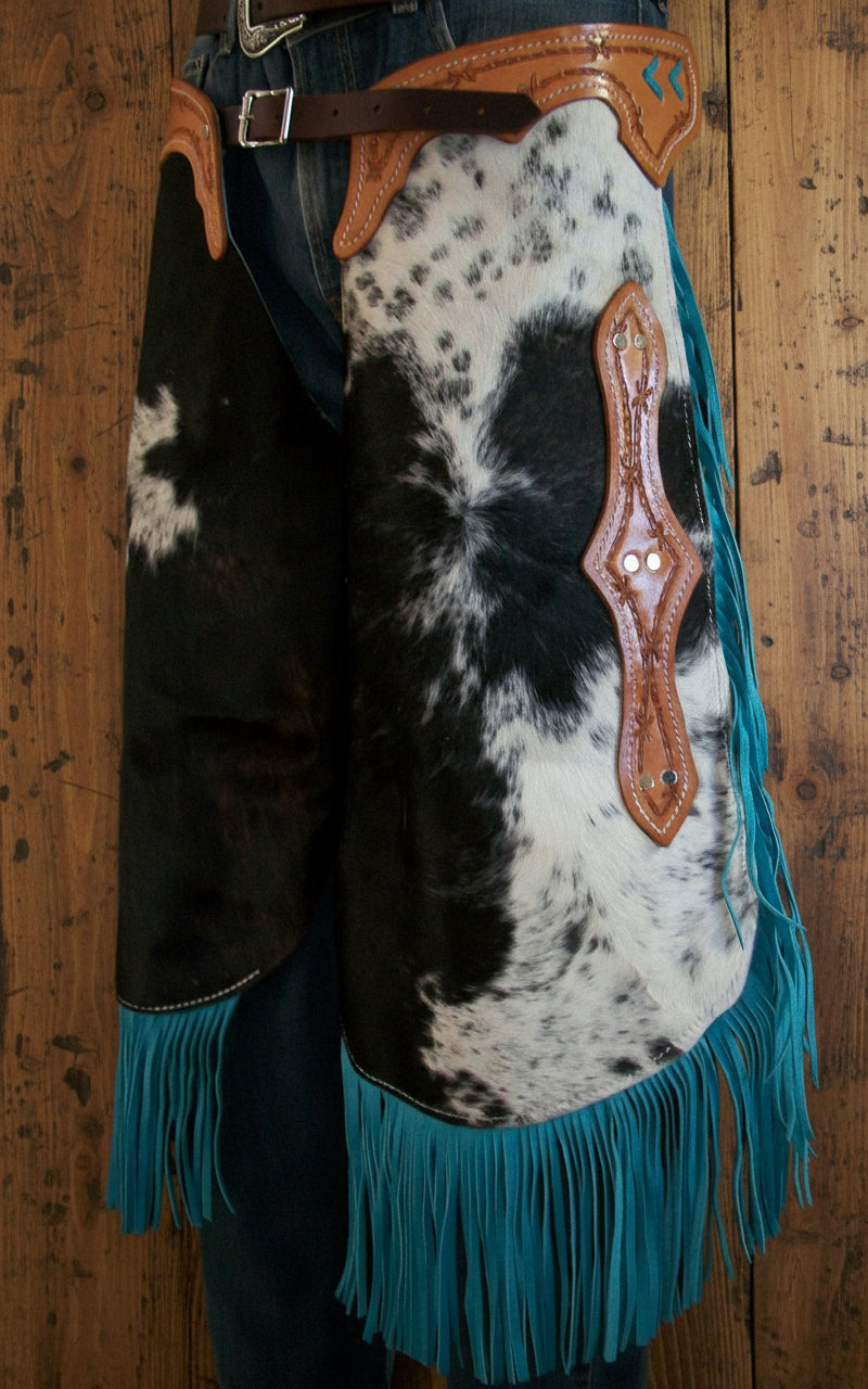 Elite Western Cowhide Chinks & Chaps – Handcrafted Hair-On Leather with Turquoise Accents