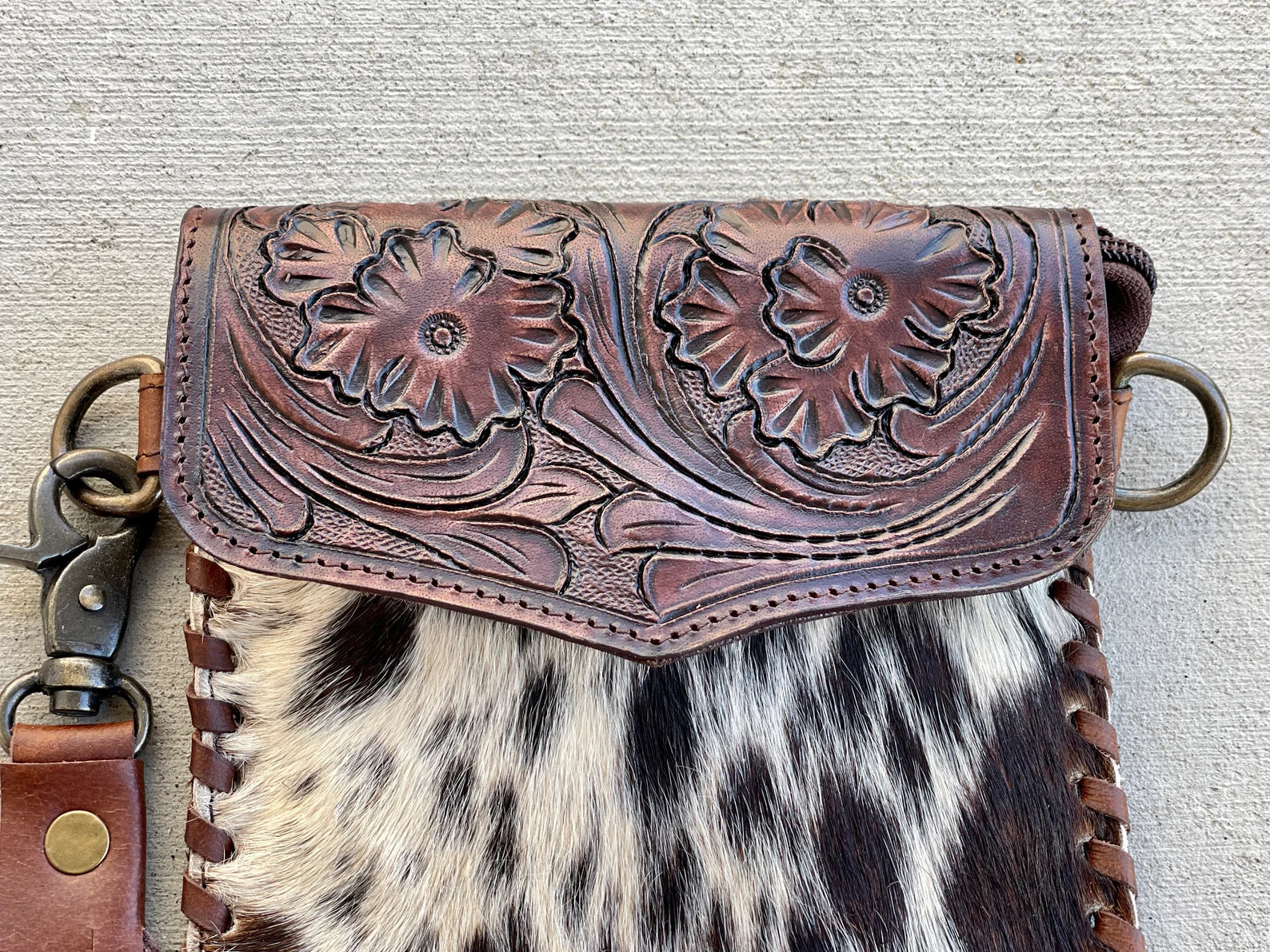 Cowhide Phone Crossbody Bag: Tooled Leather Flap, Western Rodeo Clutch purse