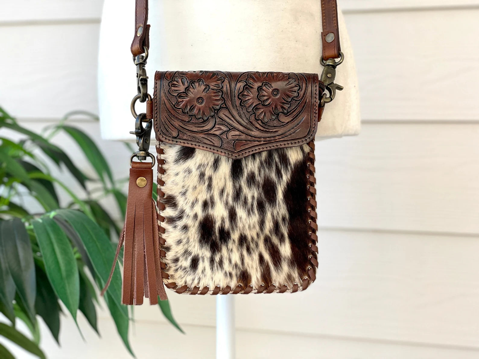 Cowhide Phone Crossbody Bag: Tooled Leather Flap, Western Rodeo Clutch purse