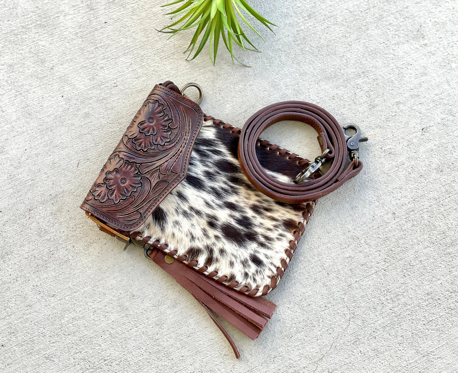Cowhide Phone Crossbody Bag: Tooled Leather Flap, Western Rodeo Clutch purse