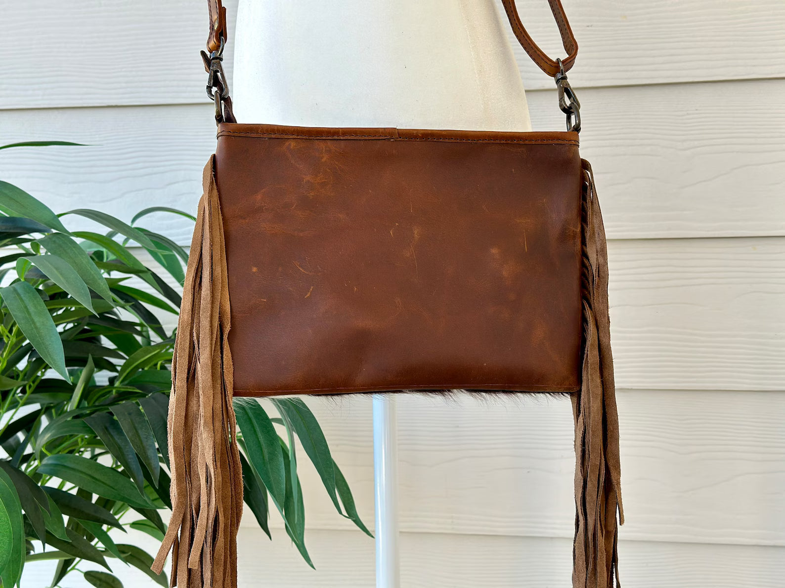 Cowhide Crossbody Bag: Tooled Leather & Fringe - Handmade Western Purse