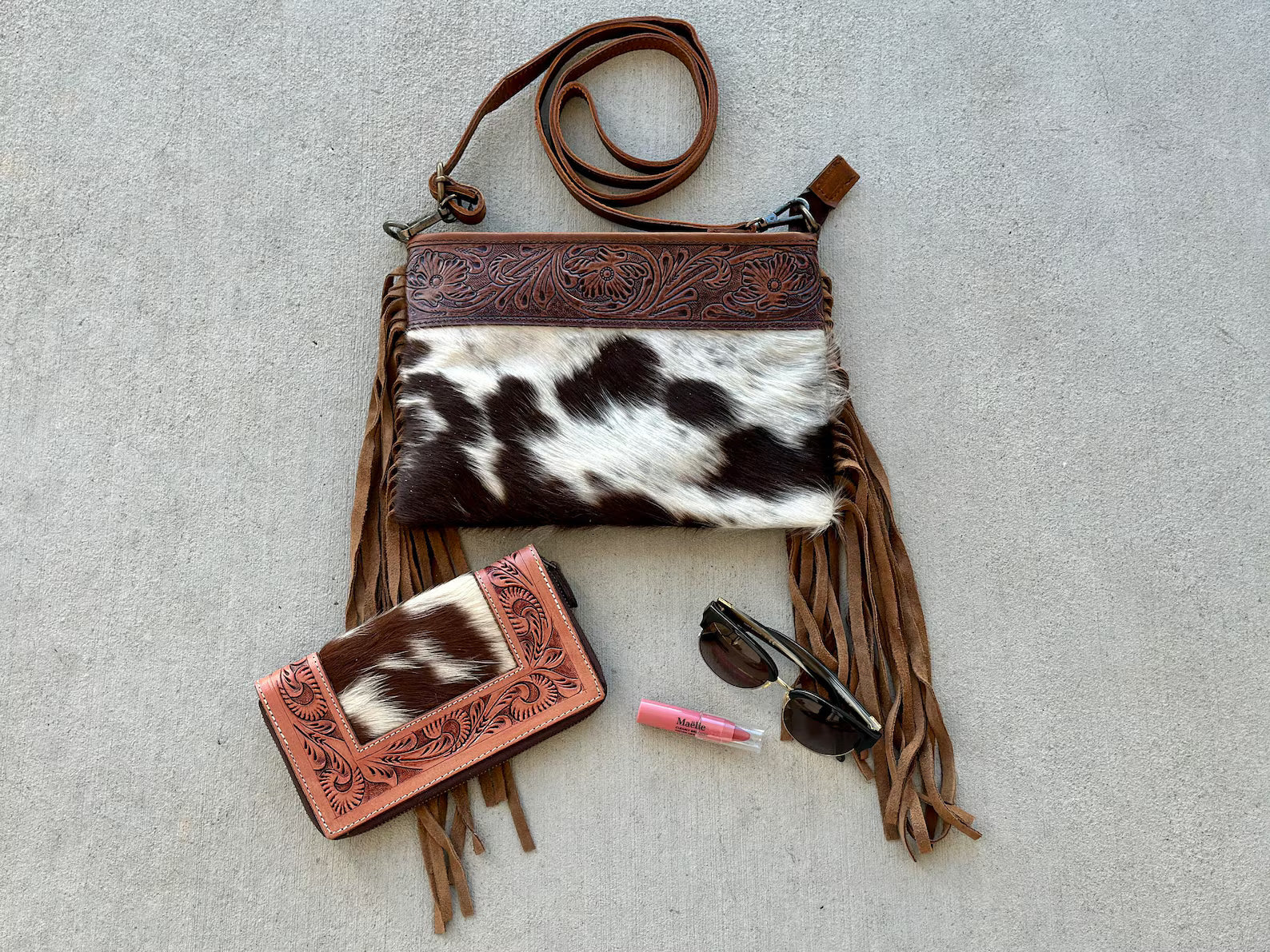 Cowhide Crossbody Bag: Tooled Leather & Fringe - Handmade Western Purse
