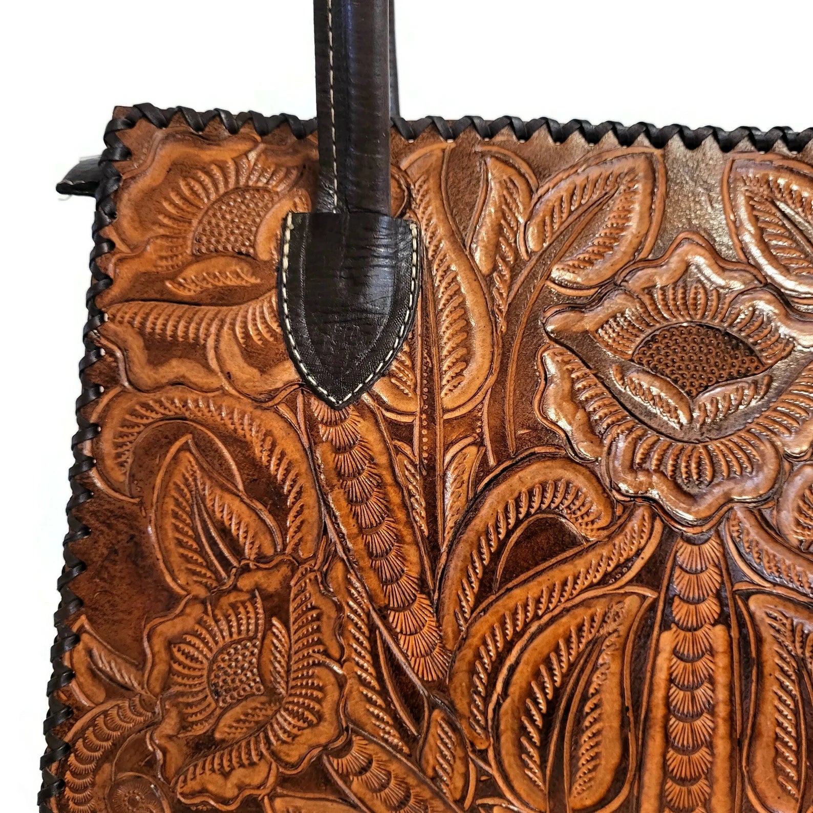 Handmade Tooled Leather Shoulder Bag: Vintage Cowhide Handbag