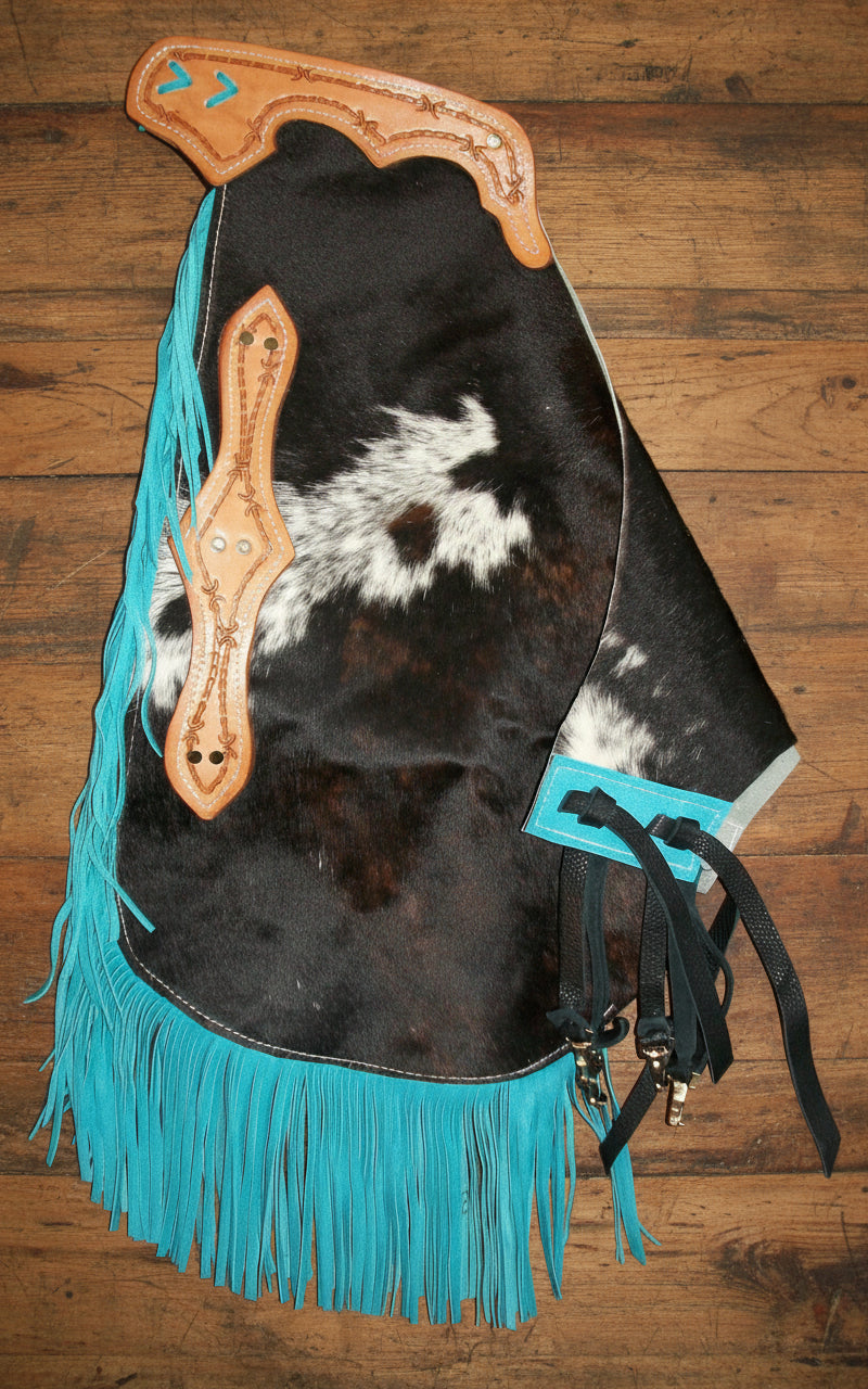 Elite Western Cowhide Chinks & Chaps – Handcrafted Hair-On Leather with Turquoise Accents